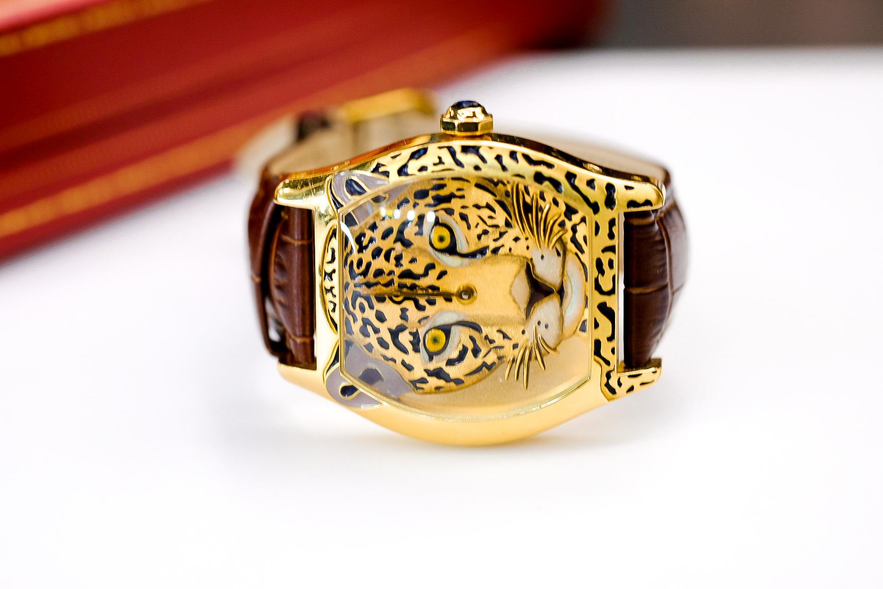 Cartier Tortue Panthère Face Limited Edition Enamel and Yellow Gold Watch In Excellent Condition In New York, NY