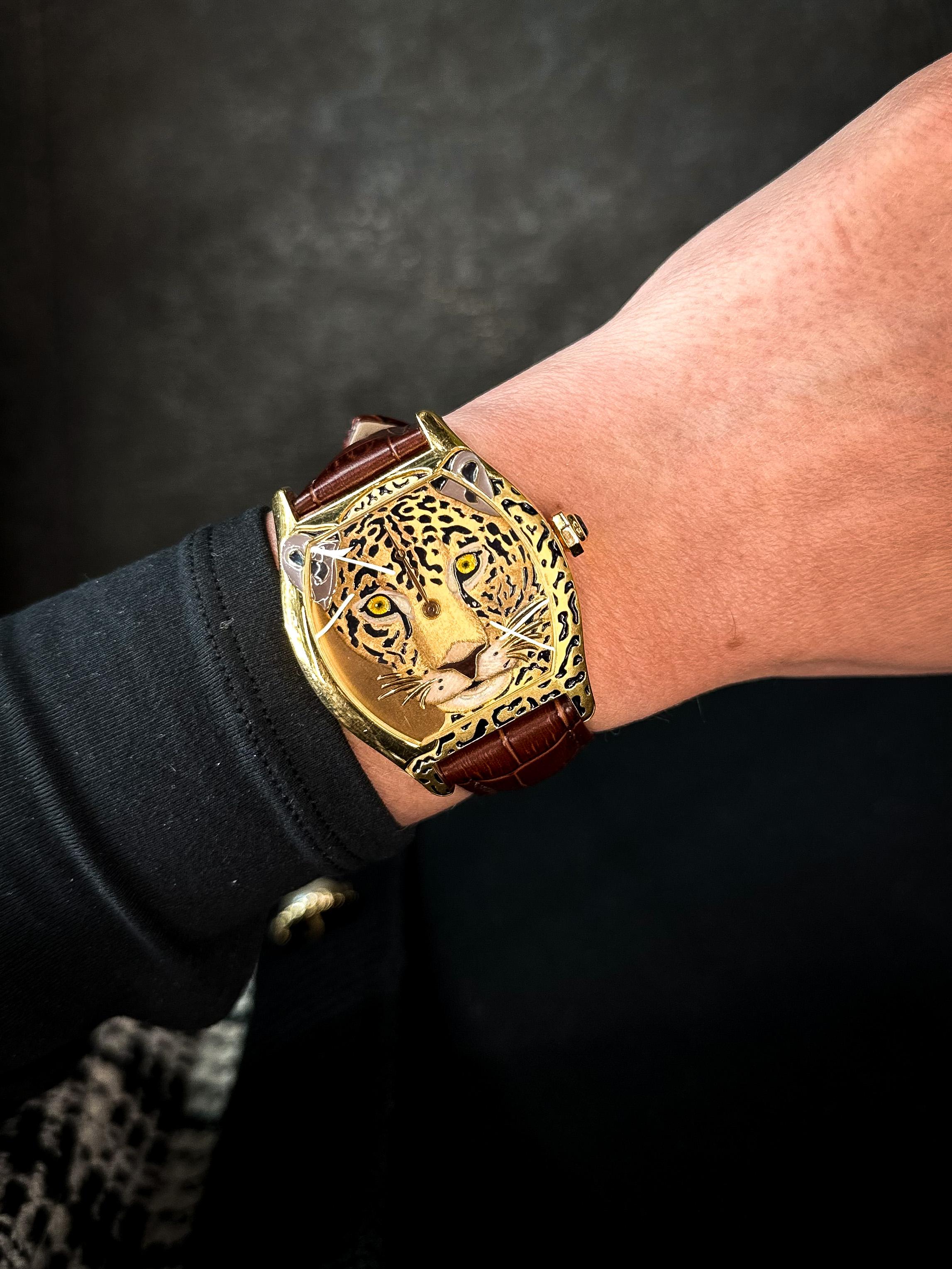Women's Cartier Tortue Panthère Face Limited Edition Enamel and Yellow Gold Watch