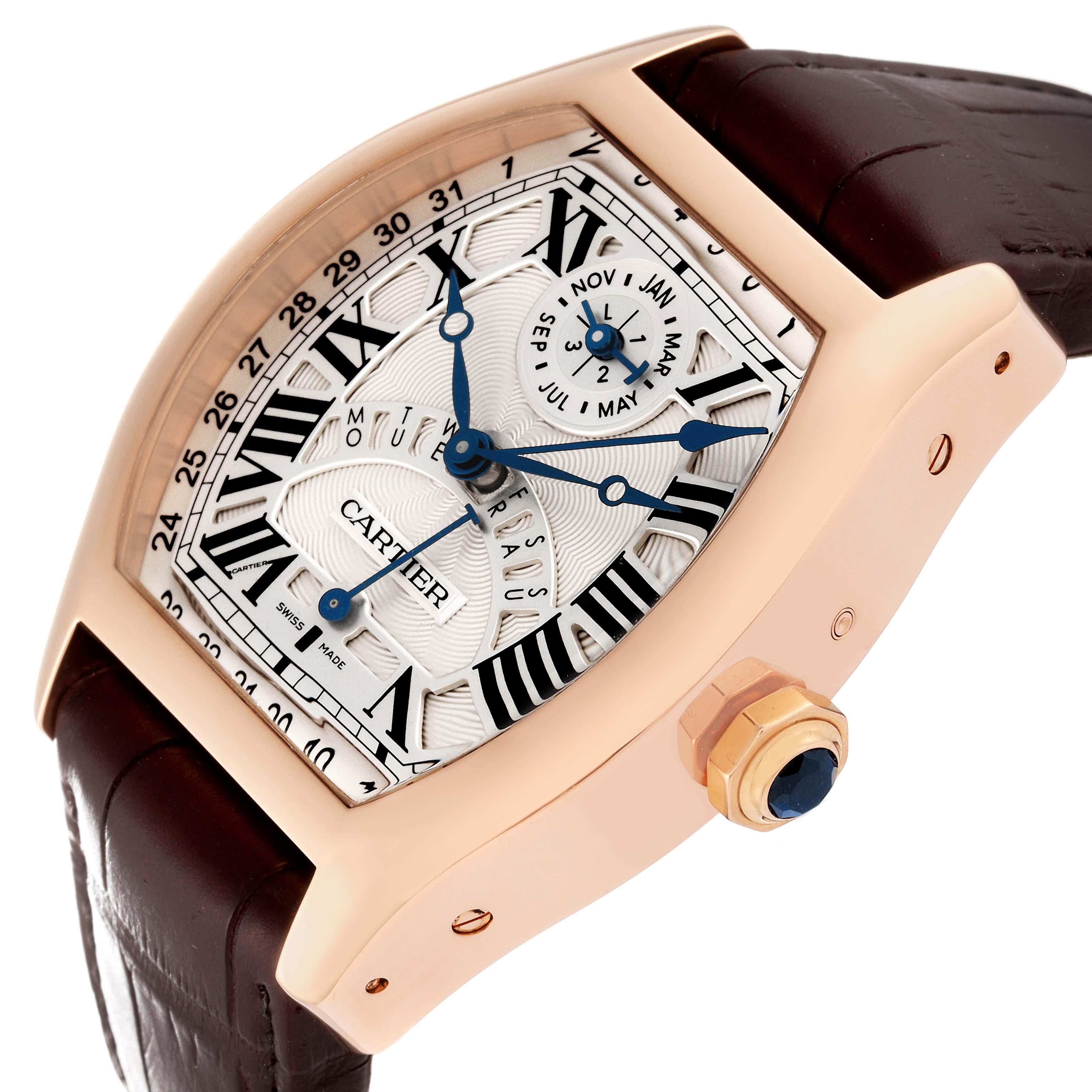 Cartier Tortue Perpetual Calendar Automatic Rose Gold Mens Watch W1580045. Self-winding automatic movement. 18k rose gold Tonneau shape case 45.6 mm x 51 mm. Case thickness is 16.8 mm. Octagonal crown set with a faceted blue sapphire. Transparent