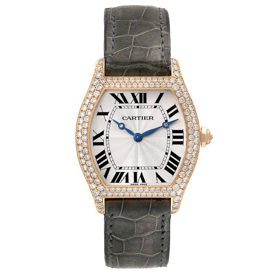 Cartier Tortue Rose Gold Diamond Grey Strap Ladies Watch WA503751. Manual winding movement. 18K rose gold case 34.0 x 28.0 mm. Octagonal crown set with the diamond. Diamond lugs.Transparent sapphire crystal caseback. 18K rose gold bezel factory