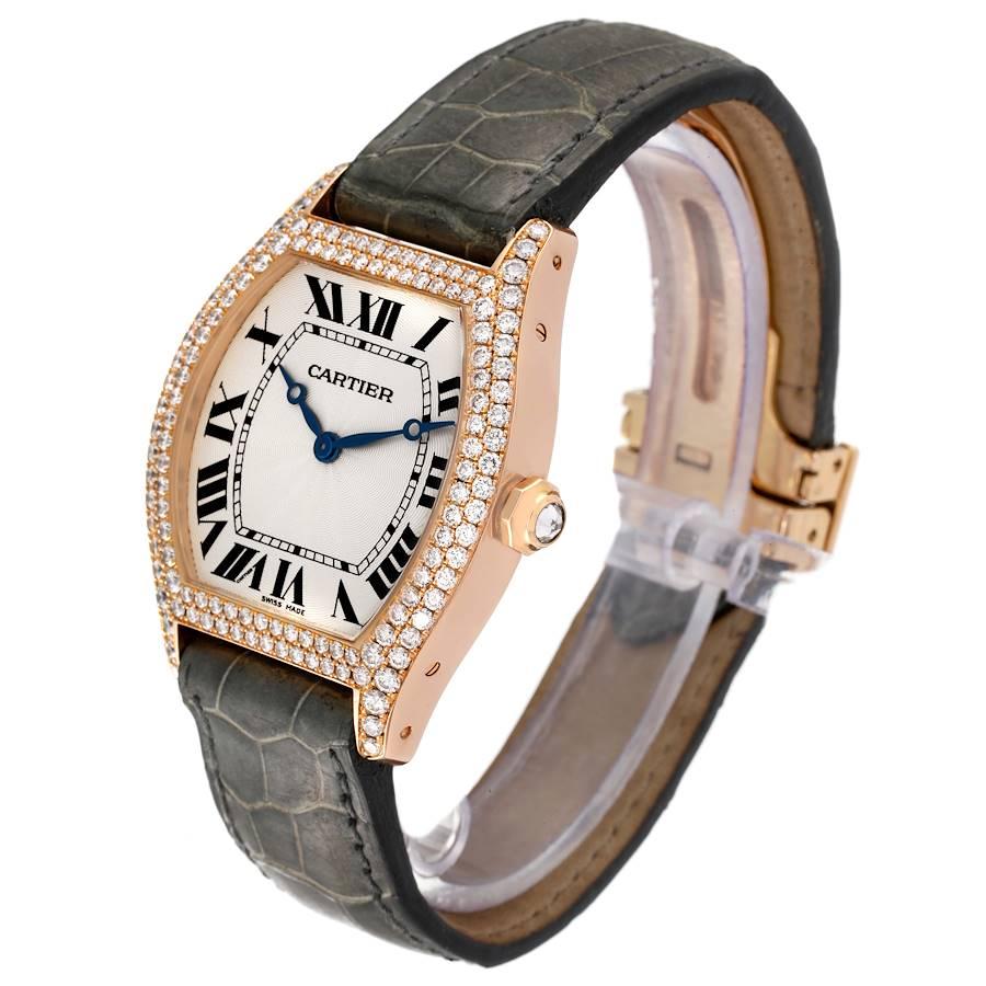 Cartier Tortue Rose Gold Diamond Grey Strap Ladies Watch WA503751 In Excellent Condition For Sale In Atlanta, GA