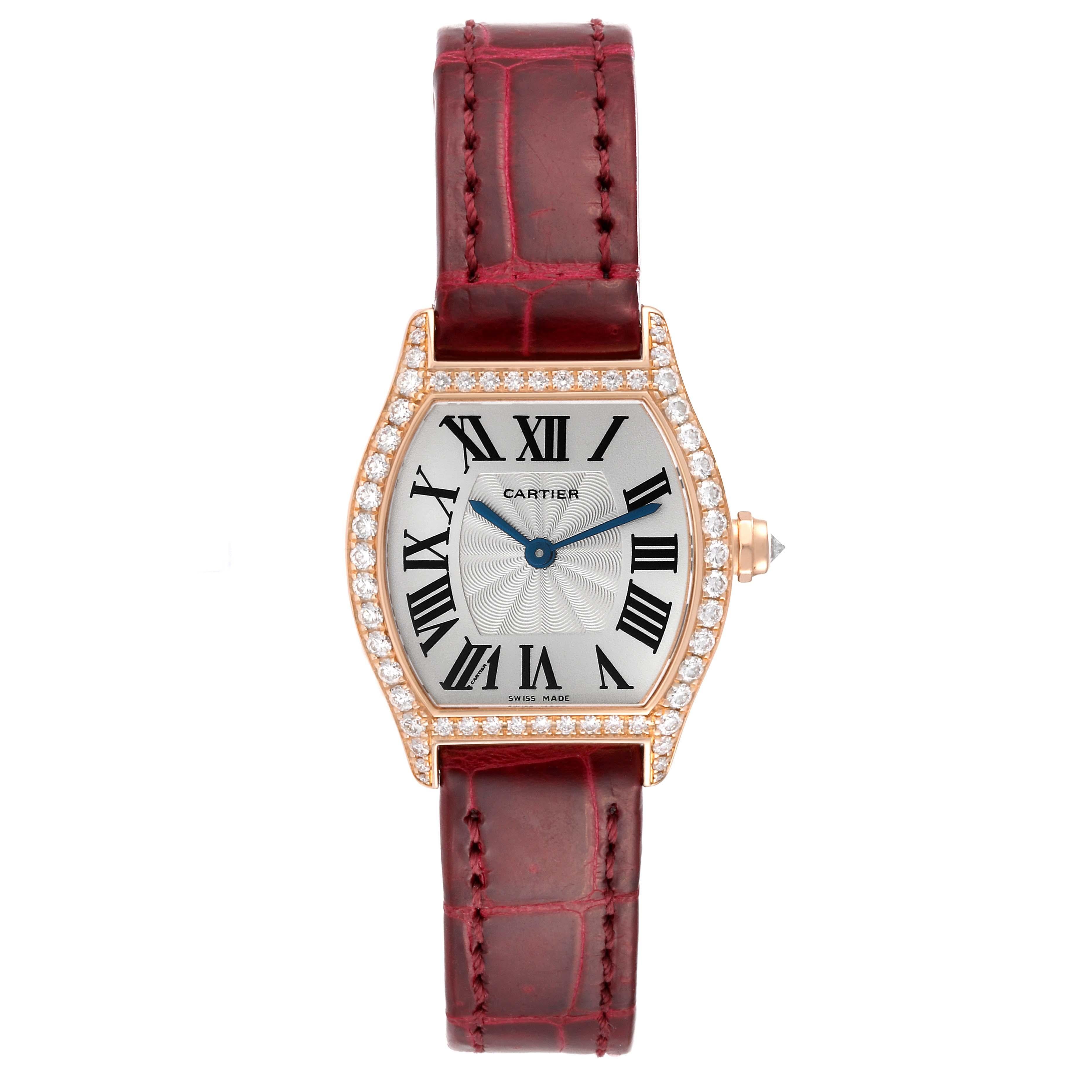 Cartier Tortue Rose Gold Diamond Ladies Watch WA501010 Papers. Manual winding movement. 18K rose gold case 24.0 x 30.0 mm. Octagonal crown set with an original Cartier factory diamond. Diamond lugs. 18K rose gold bezel with original Cartier factory