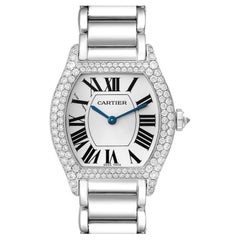 Cartier Tortue Silver Dial 18k White Gold Diamond Ladies Watch WA5072W9