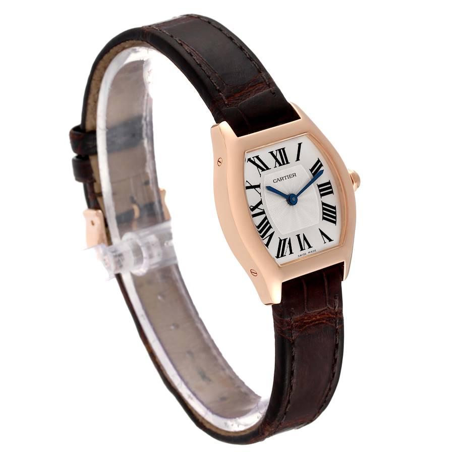 Cartier Tortue Small 18k Rose Gold Brown Strap Ladies Watch W1556360 In Excellent Condition For Sale In Atlanta, GA