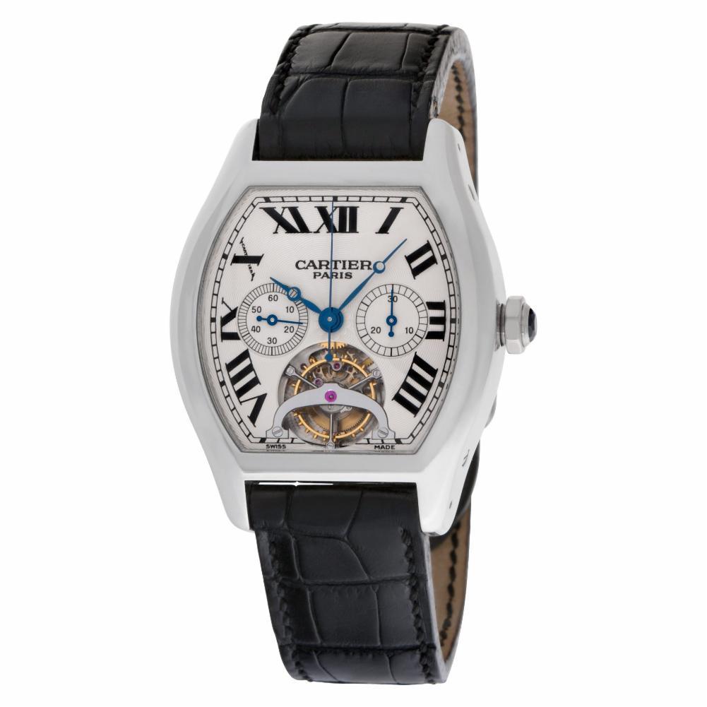 Cartier Tortue Reference #:W1545751. Gents Cartier Tortue XL Tourbillon Chronograph Monopoussoir in platinum with single button chronograph on alligator strap. Manual w/ subseconds, chronograph and tourbillon. Unused with box and papers. Ref