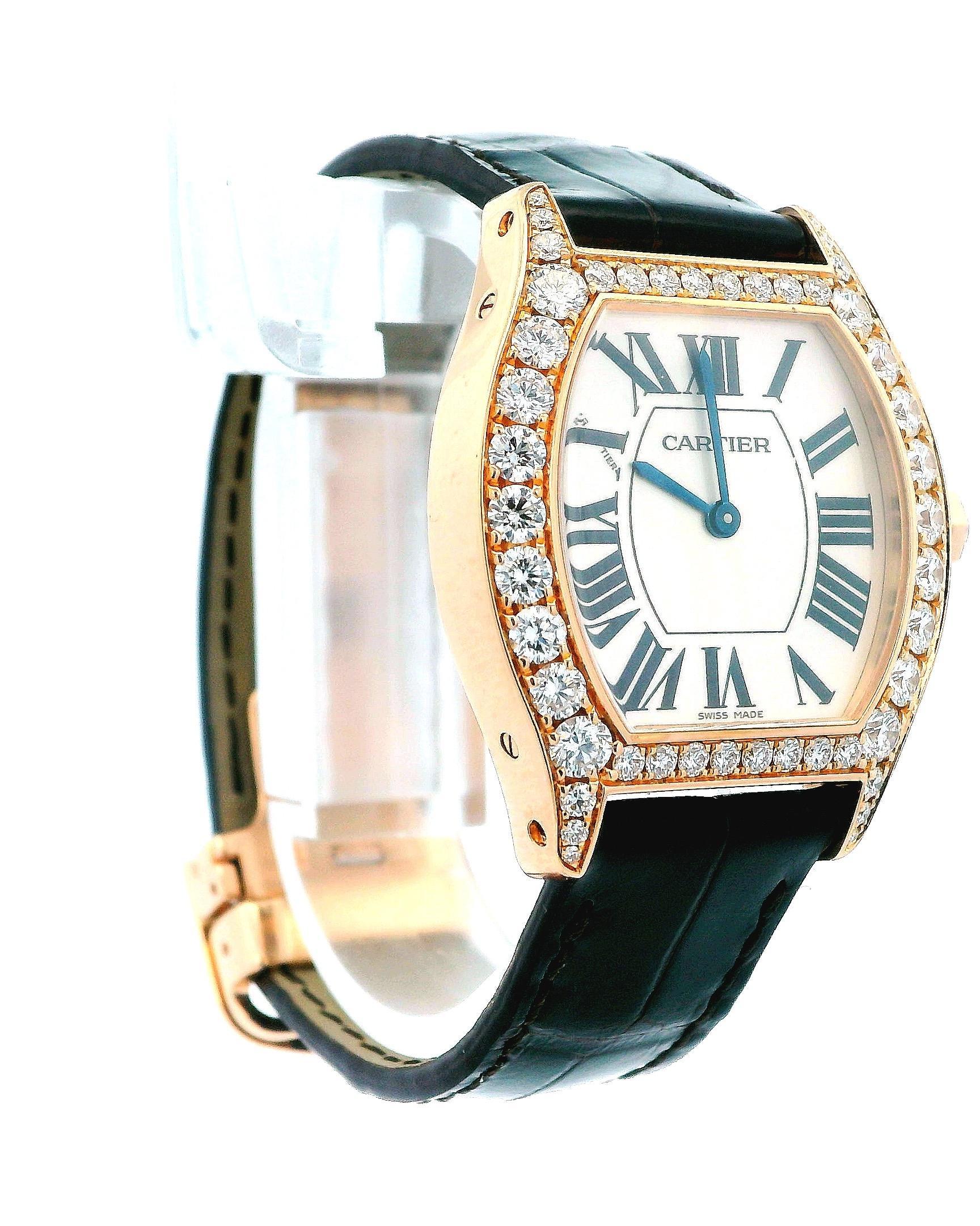 Cartier Tortue WA507031 18K Rose Gold & Diamond Bezel Ladies Watch In Excellent Condition For Sale In Great Neck Plaza, NY