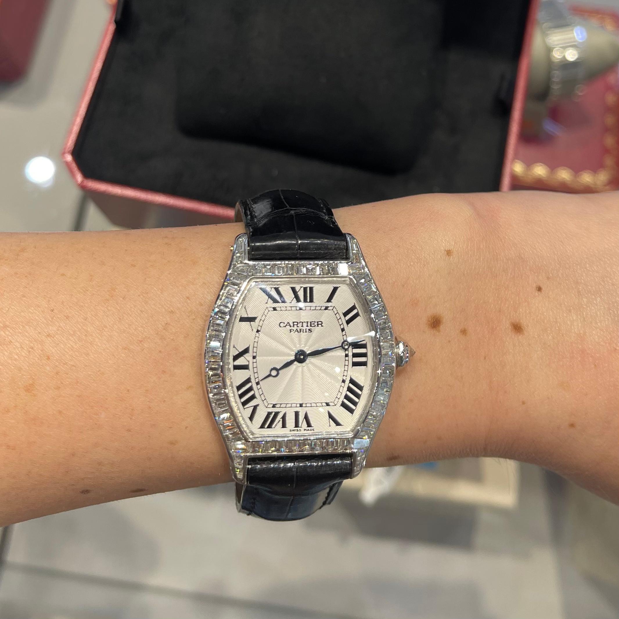 Cartier Tortue Watch in 18k White Gold with Baguette Diamond Bezel In Good Condition In Miami, FL