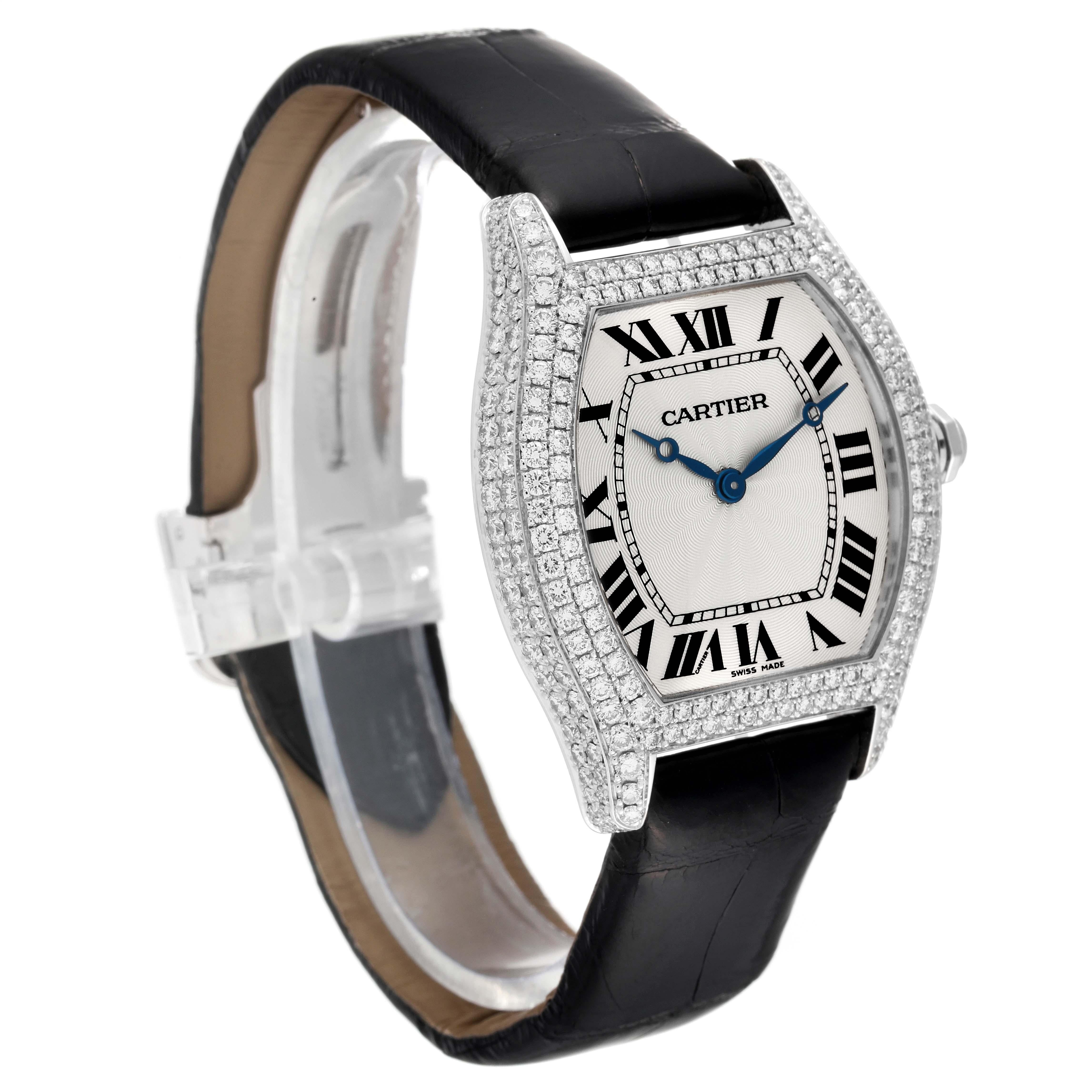 Cartier Tortue White Gold Black Strap Diamond Bezel Mens Watch WA504351 In Excellent Condition For Sale In Atlanta, GA