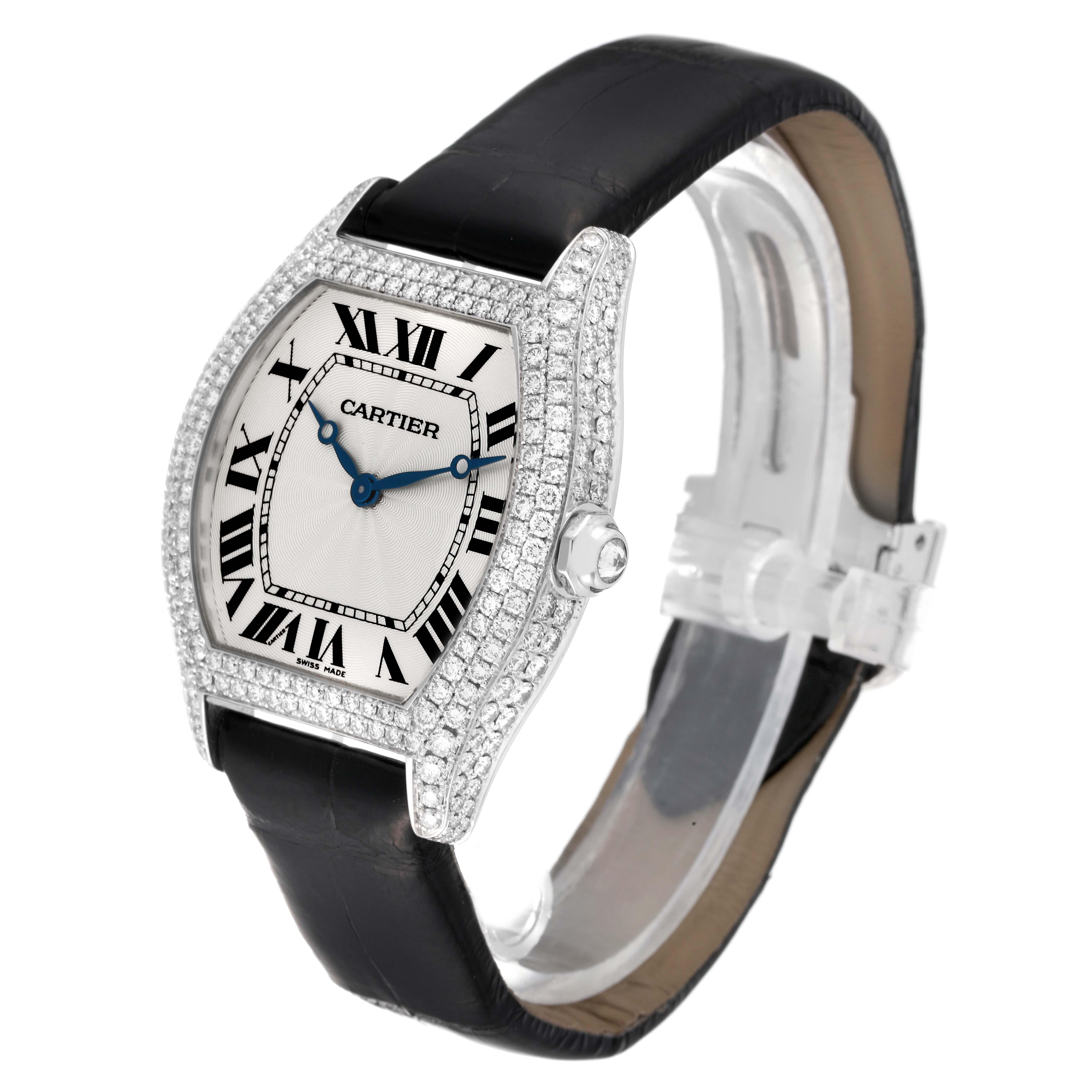 Men's Cartier Tortue White Gold Black Strap Diamond Bezel Mens Watch WA504351 For Sale