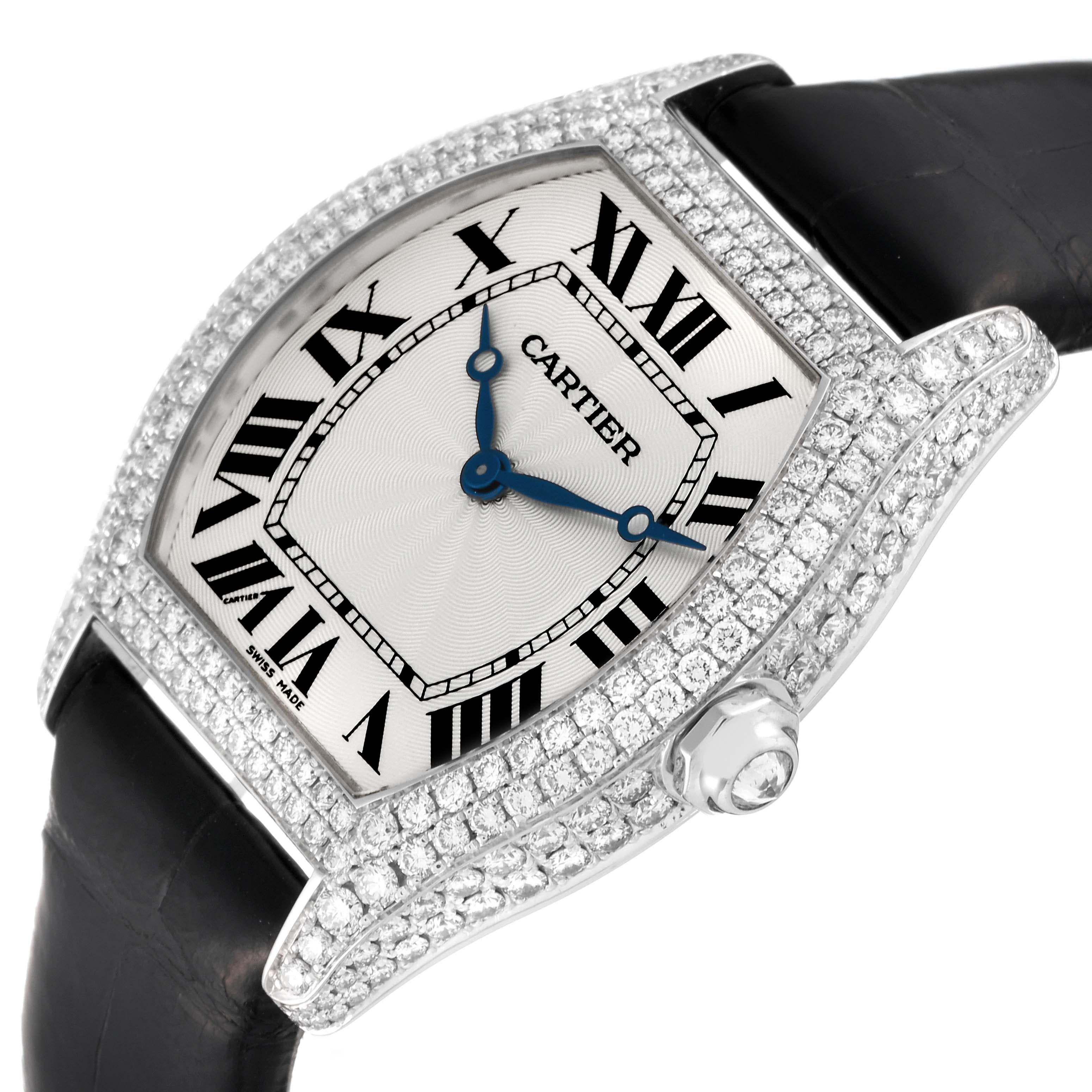 Cartier Tortue White Gold Black Strap Diamond Bezel Mens Watch WA504351 For Sale 1