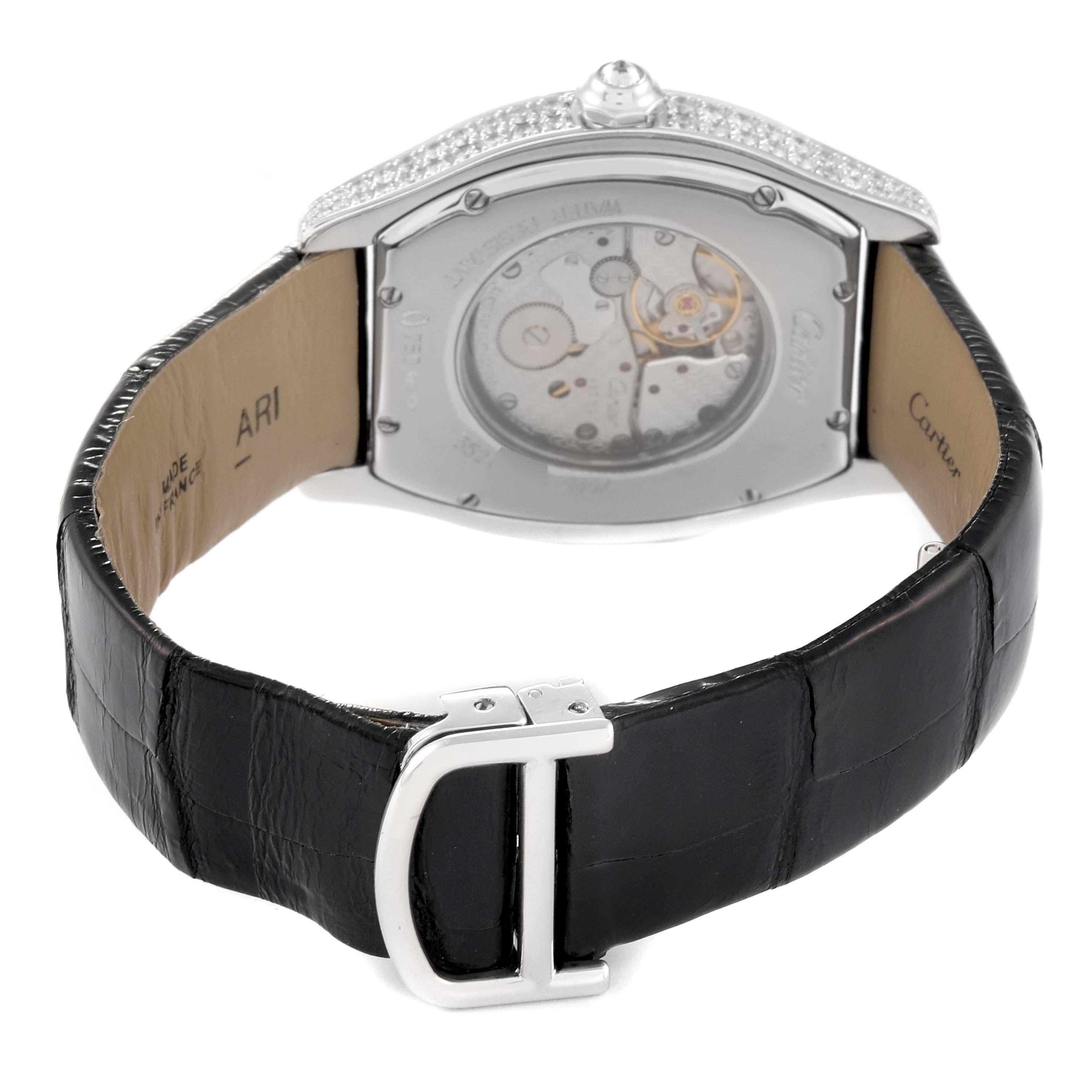 Cartier Tortue White Gold Black Strap Diamond Bezel Mens Watch WA504351 For Sale 3