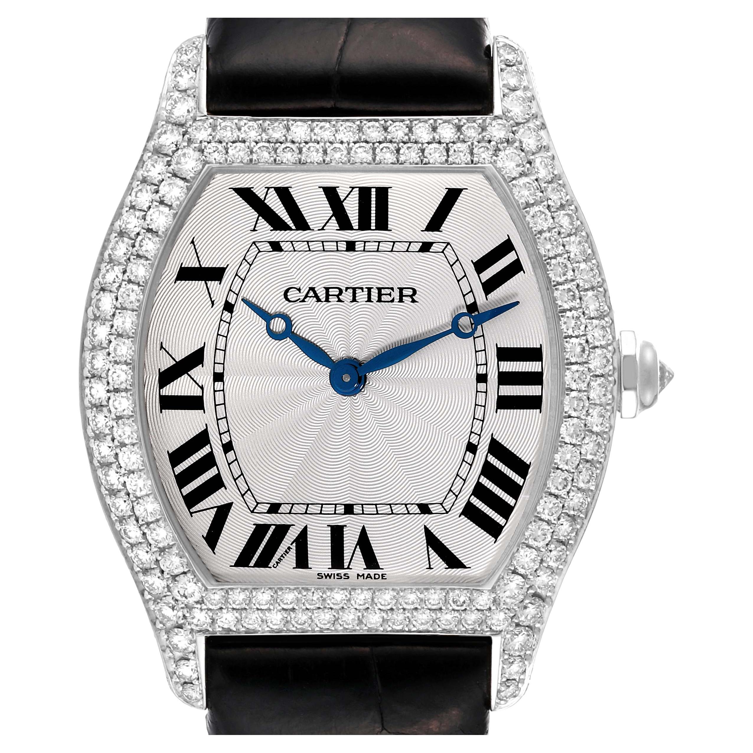 Cartier Tortue White Gold Black Strap Diamond Bezel Mens Watch WA504351 For Sale