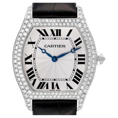Cartier Tortue White Gold Black Strap Diamond Bezel Mens Watch WA504351