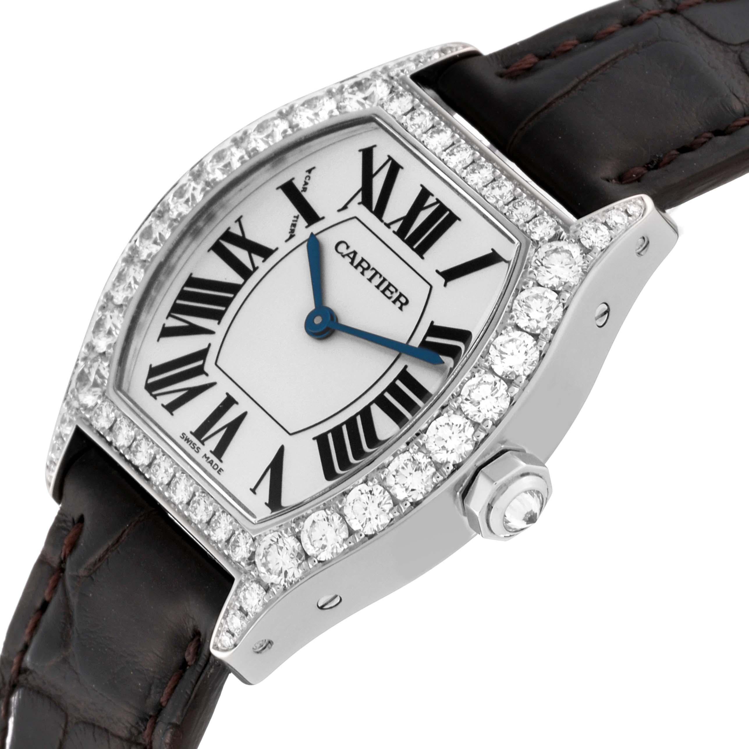 Cartier Tortue White Gold Diamond Black Strap Ladies Watch WA507231 In Excellent Condition For Sale In Atlanta, GA