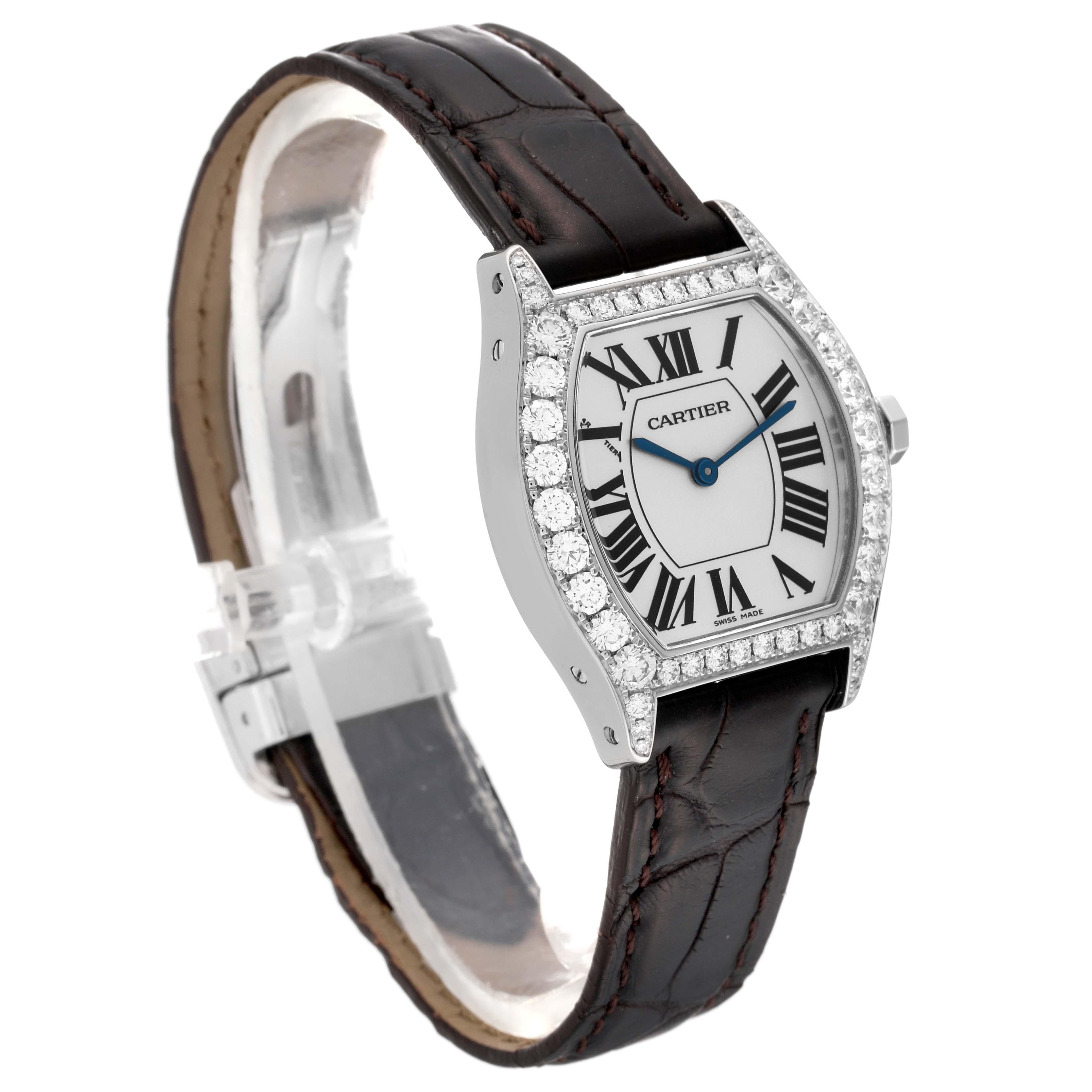 Women's Cartier Tortue White Gold Diamond Black Strap Ladies Watch WA507231 For Sale