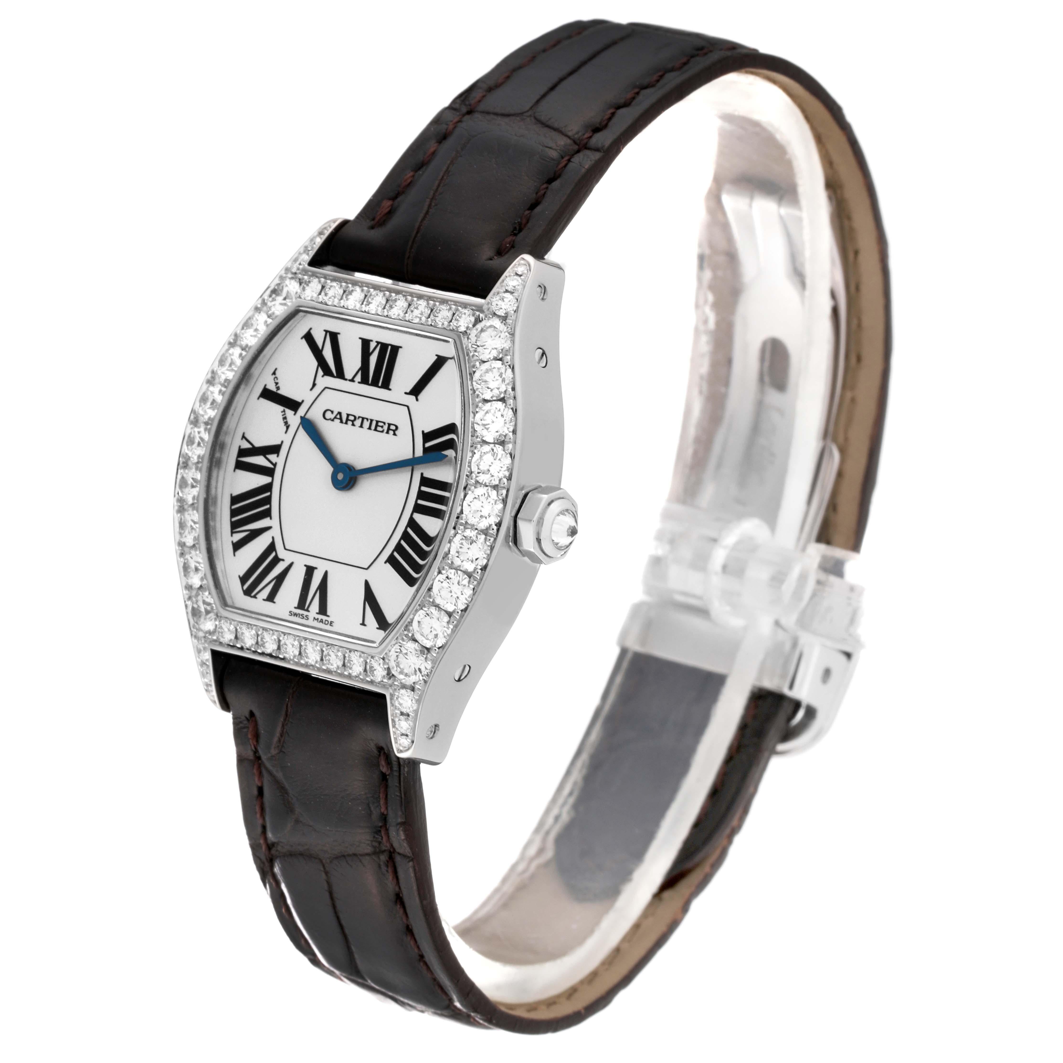 Cartier Tortue Weißgold Diamant-Damenuhr mit schwarzem Riemen WA507231 im Angebot 3