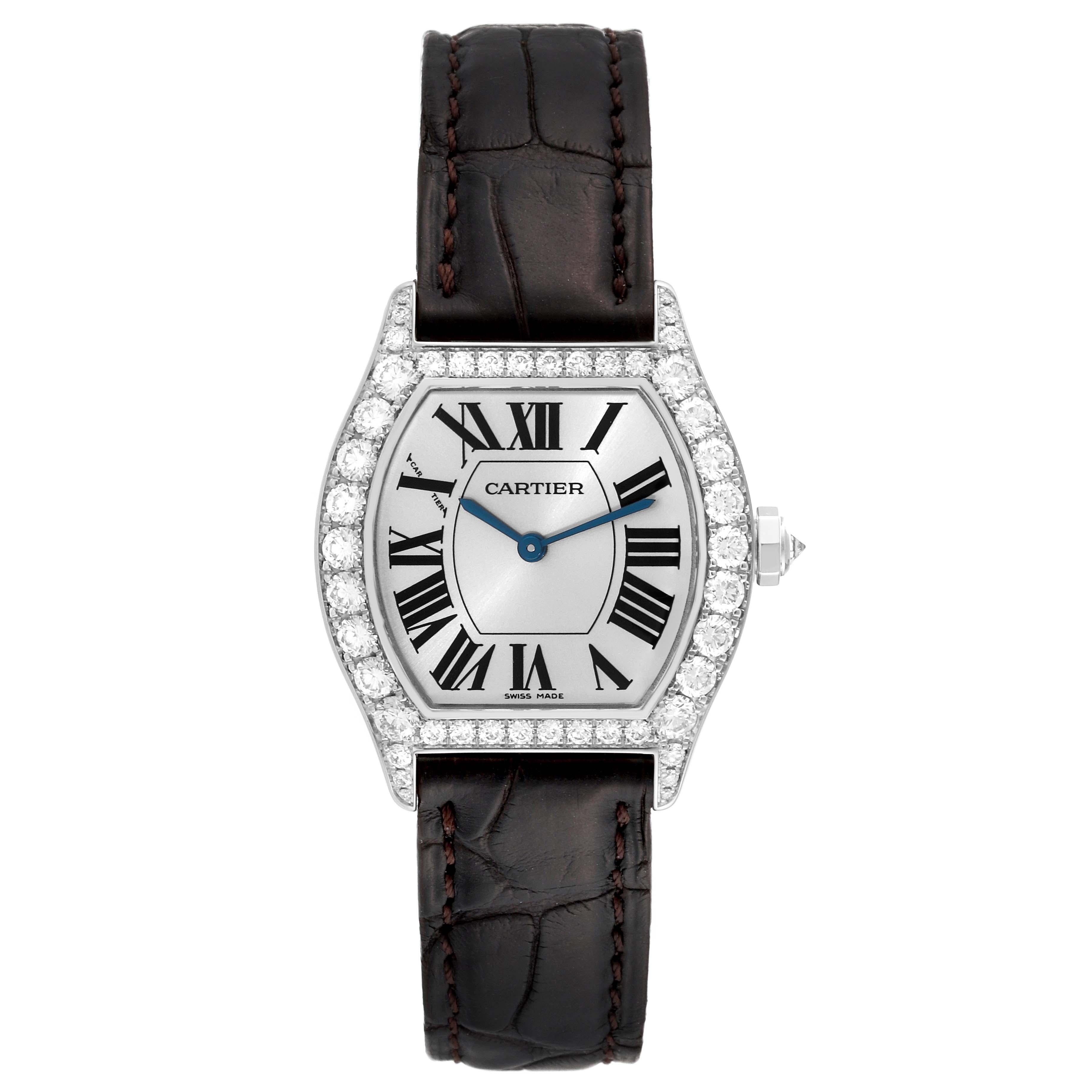 Cartier Tortue Weißgold Diamant-Damenuhr mit schwarzem Riemen WA507231 im Angebot 5
