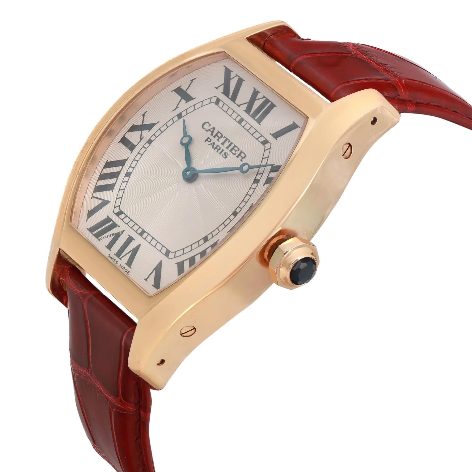 Cartier Tortue XL 18K Rose Gold Silver Dial Hand Wind Mens Watch W1546051 2763 In Excellent Condition In New York, NY
