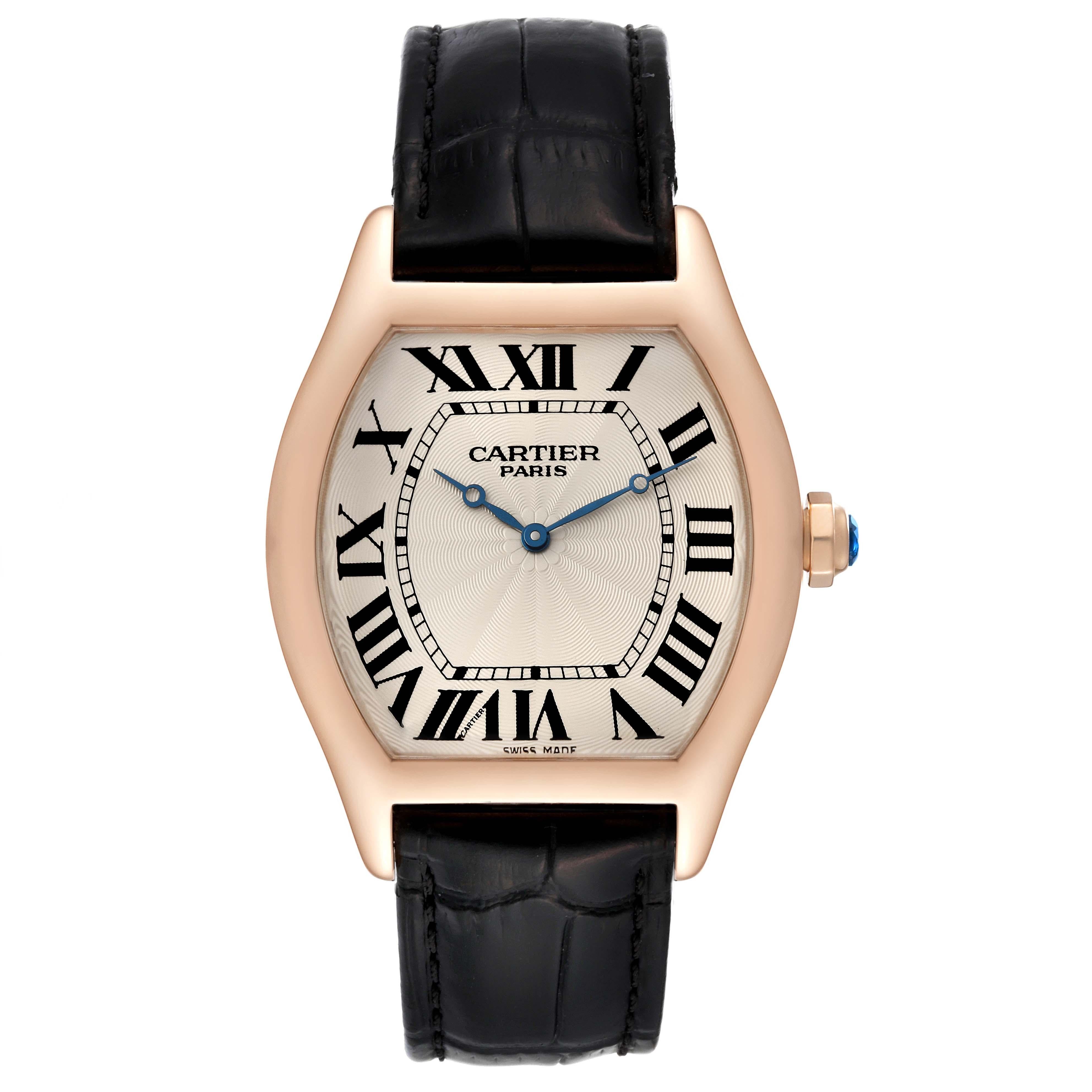 Cartier Tortue XL CPCP Collection Silver Dial Rose Gold Mens Watch 2763. Manual winding movement. 18k rose gold Tonneau shape case 48 mm x 38 mm. Octagonal crown set with a faceted blue sapphire. Transparent exhibition sapphire crystal caseback. .