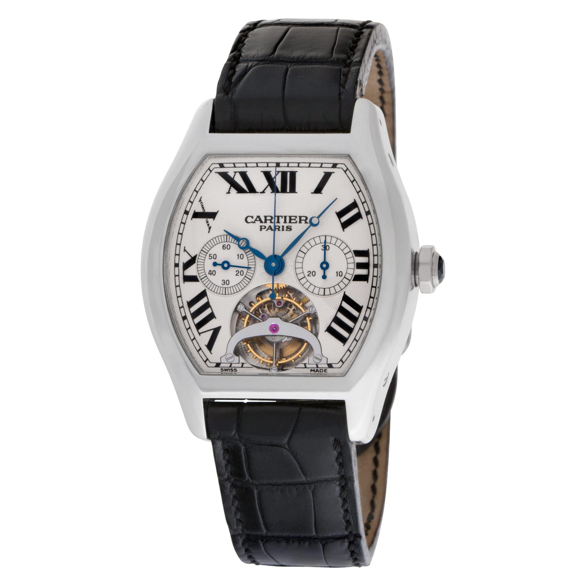 ESTIMATED RETAIL $210,000.00 YOUR PRICE $105,500.00 - 100% AUTHENTIC, FACTORY ORIGINAL Cartier Tortue XL Tourbillon Chronograph Monopoussoir in platinum with single button chronograph on an alligator strap. Manual w/ subseconds, chronograph, and