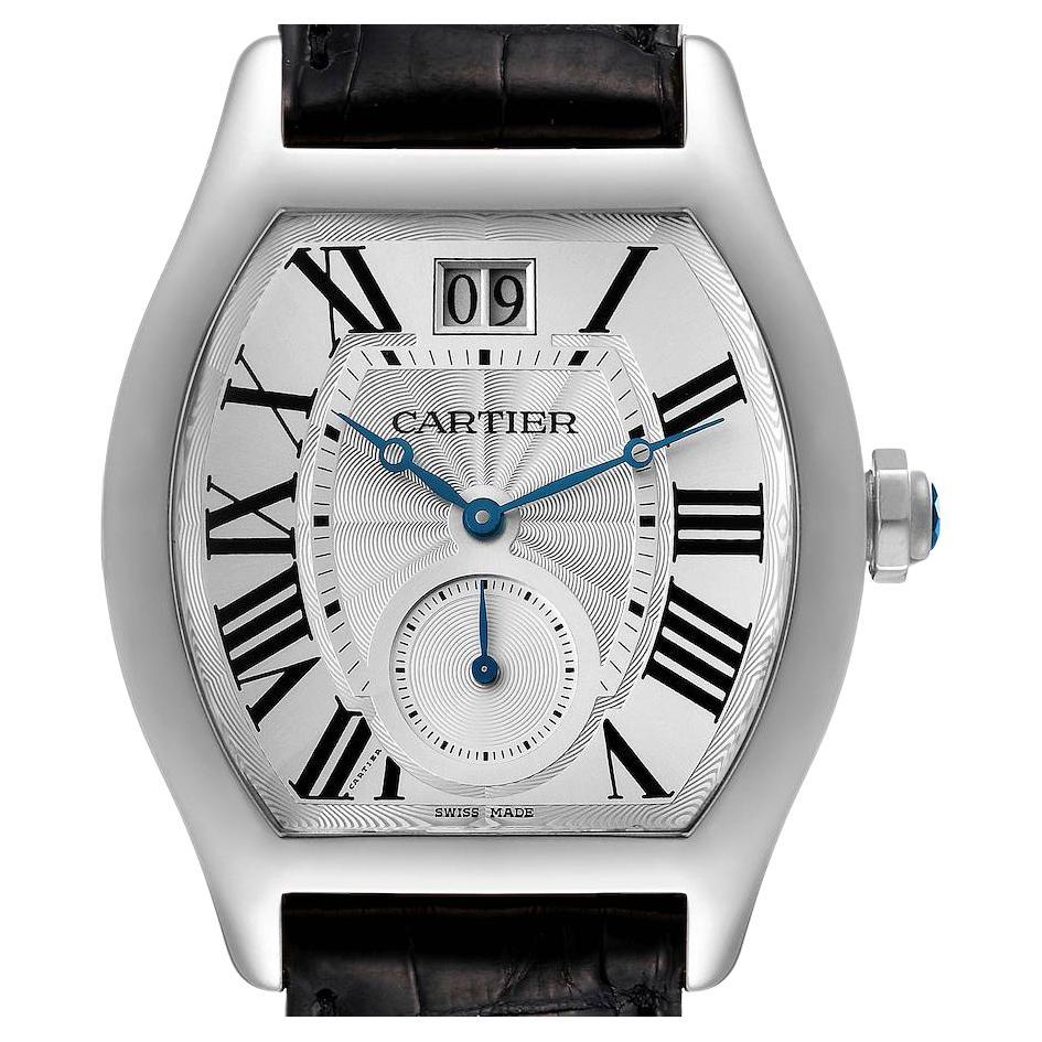 Cartier Tortue XL Silver Flinque Dial 18K White Gold Mens Watch W1556233 For Sale