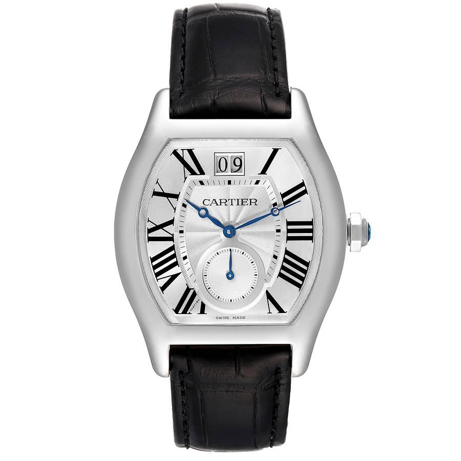Cartier Tortue XL Silver Flinque Dial White Gold Mens Watch W1556233. Manual winding winding movement. 18k white gold Tonneau shape case 48 mm x 38 mm. Octagonal crown set with a faceted sapphire. Skeleton transparent exhibition see through case