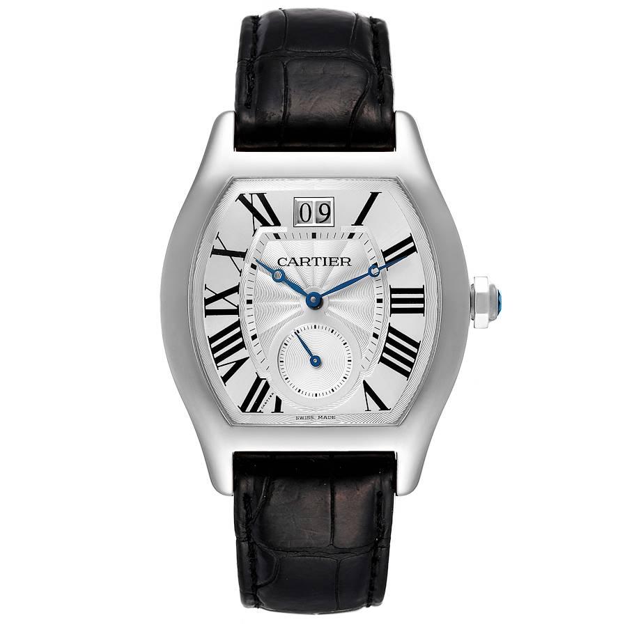 Cartier Tortue XL White Gold Flinque Dial Mens Watch W1556233 Box Papers. Manual winding winding movement. Cartier Calibre 9602 MC. 18k white gold Tonneau shape case 48 mm x 38 mm. Octagonal crown set with a faceted sapphire. Skeleton transparent