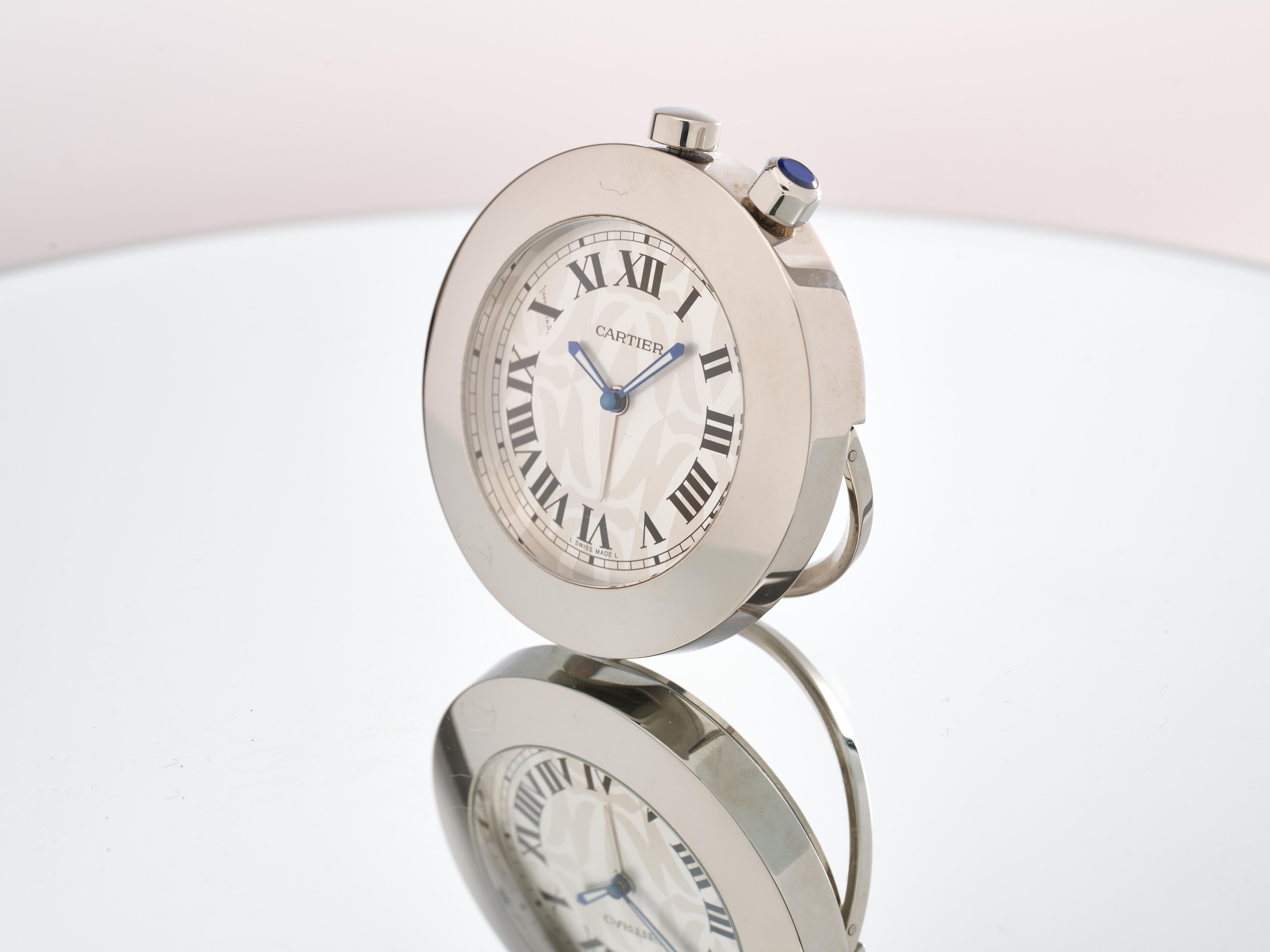 Cartier Travel Clock Alarm Limited Edition Stainless Steel 2751 W0100054 B&P For Sale 8