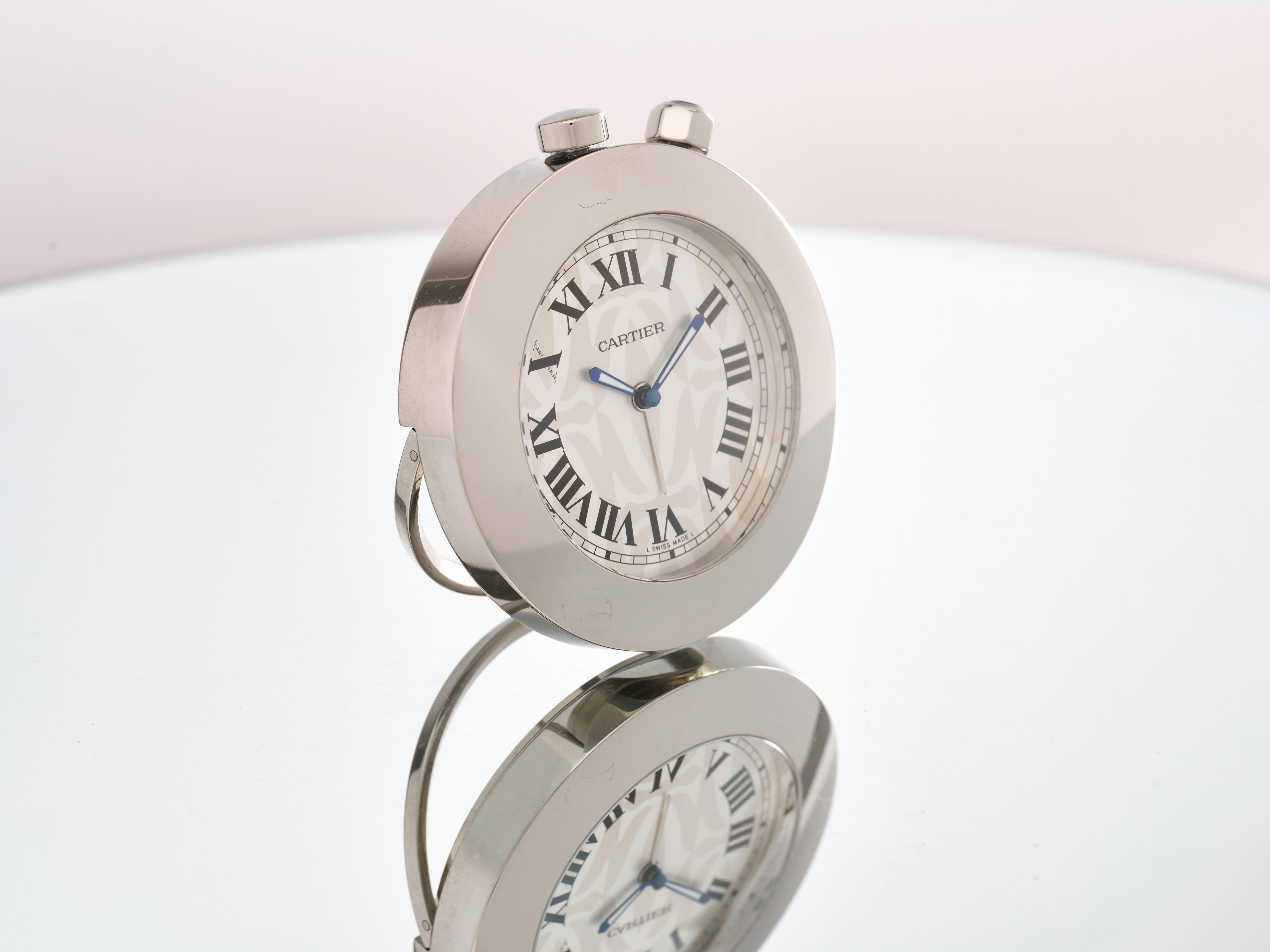 Art Deco Cartier Travel Clock Alarm Limited Edition Stainless Steel 2751 W0100054 B&P For Sale