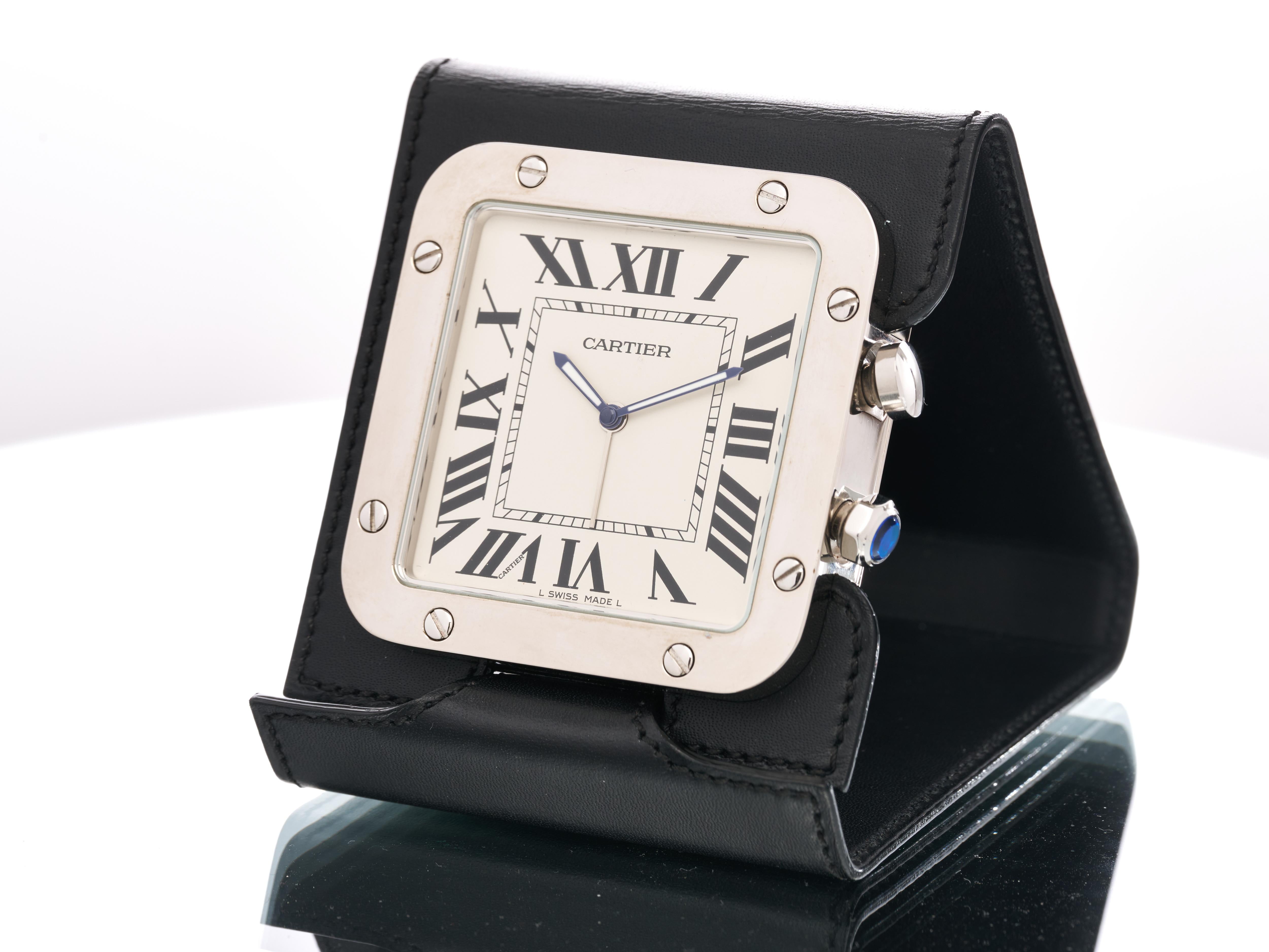 Cartier Travel Clock Alarm Santos Leather Stainless Steel 2750 Boxed For Sale 5