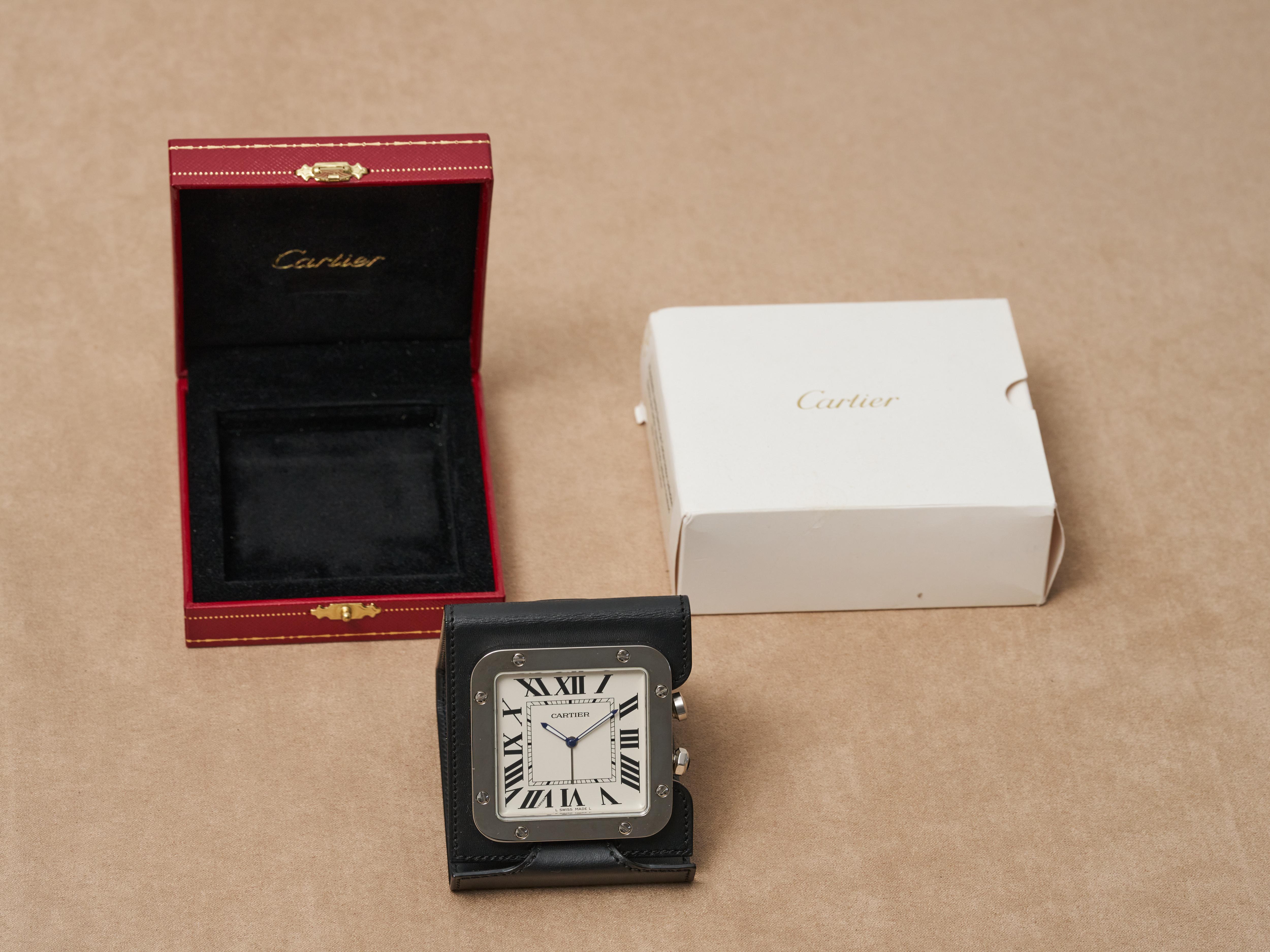 Cartier Travel Clock Alarm Santos Leather Stainless Steel 2750 Boxed For Sale 10