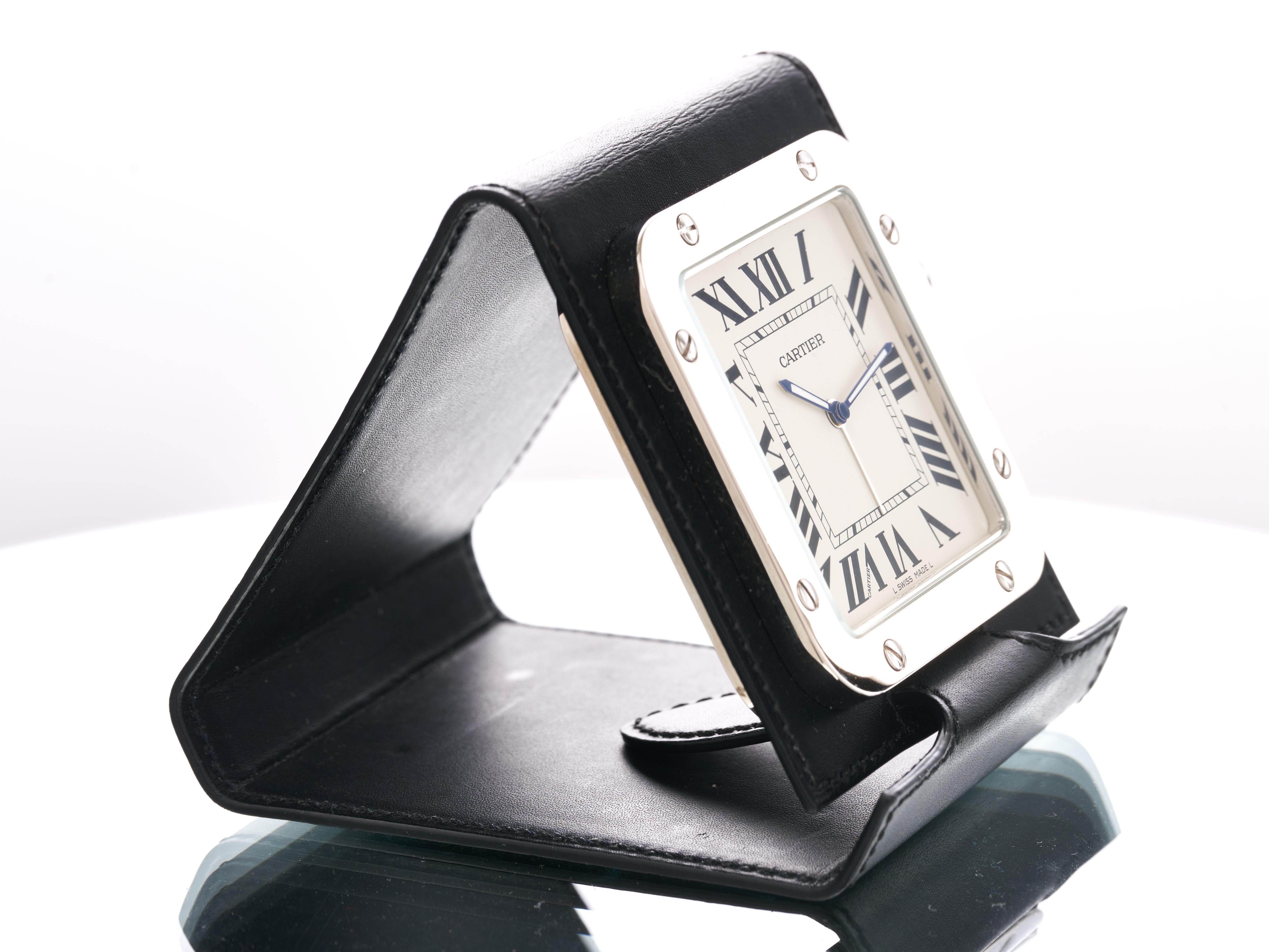 Cartier Travel Clock Alarm Santos Leather Stainless Steel 2750 Boxed In Good Condition For Sale In London, GB