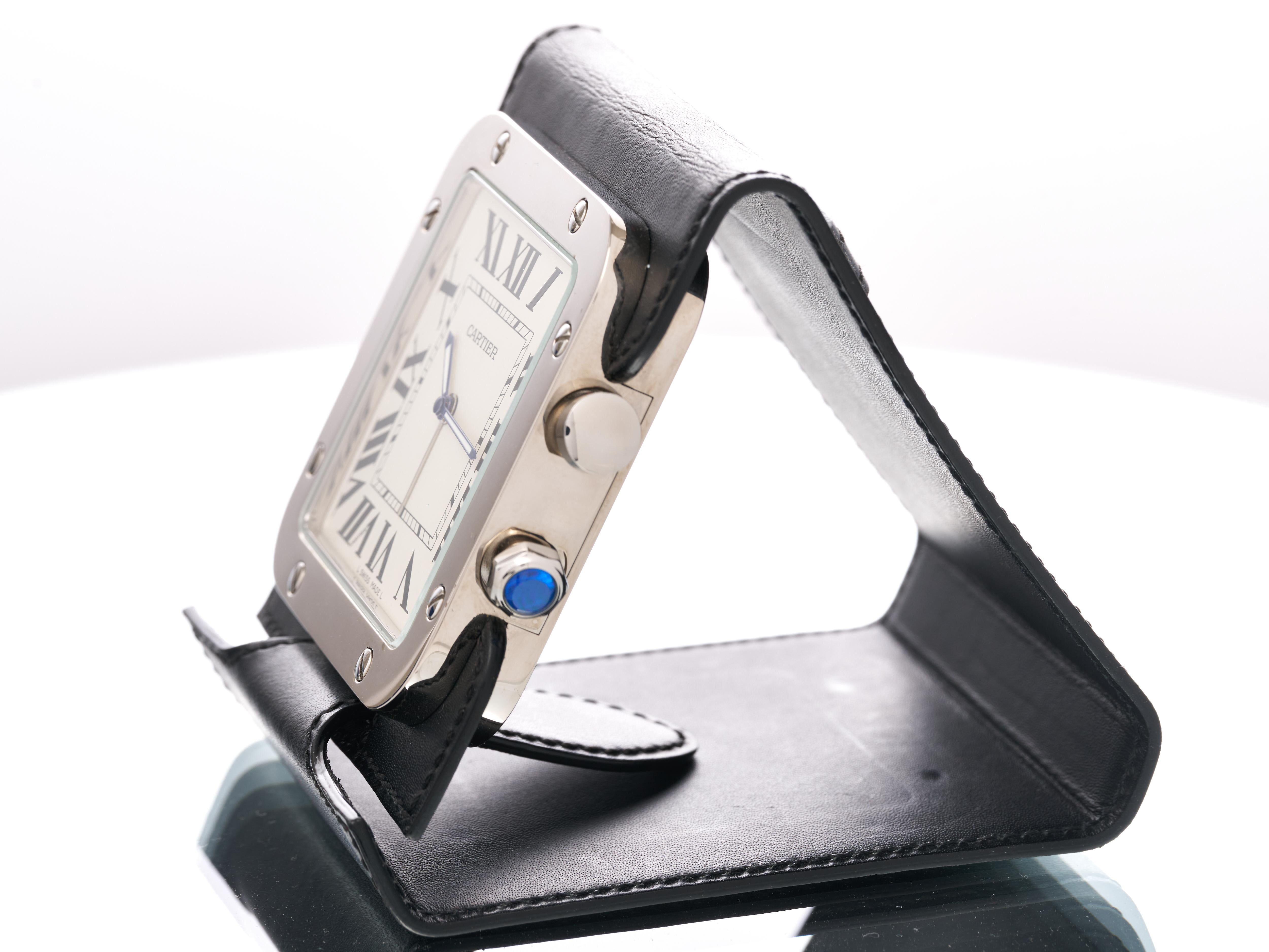 Cartier Travel Clock Alarm Santos Leather Stainless Steel 2750 Boxed For Sale 3