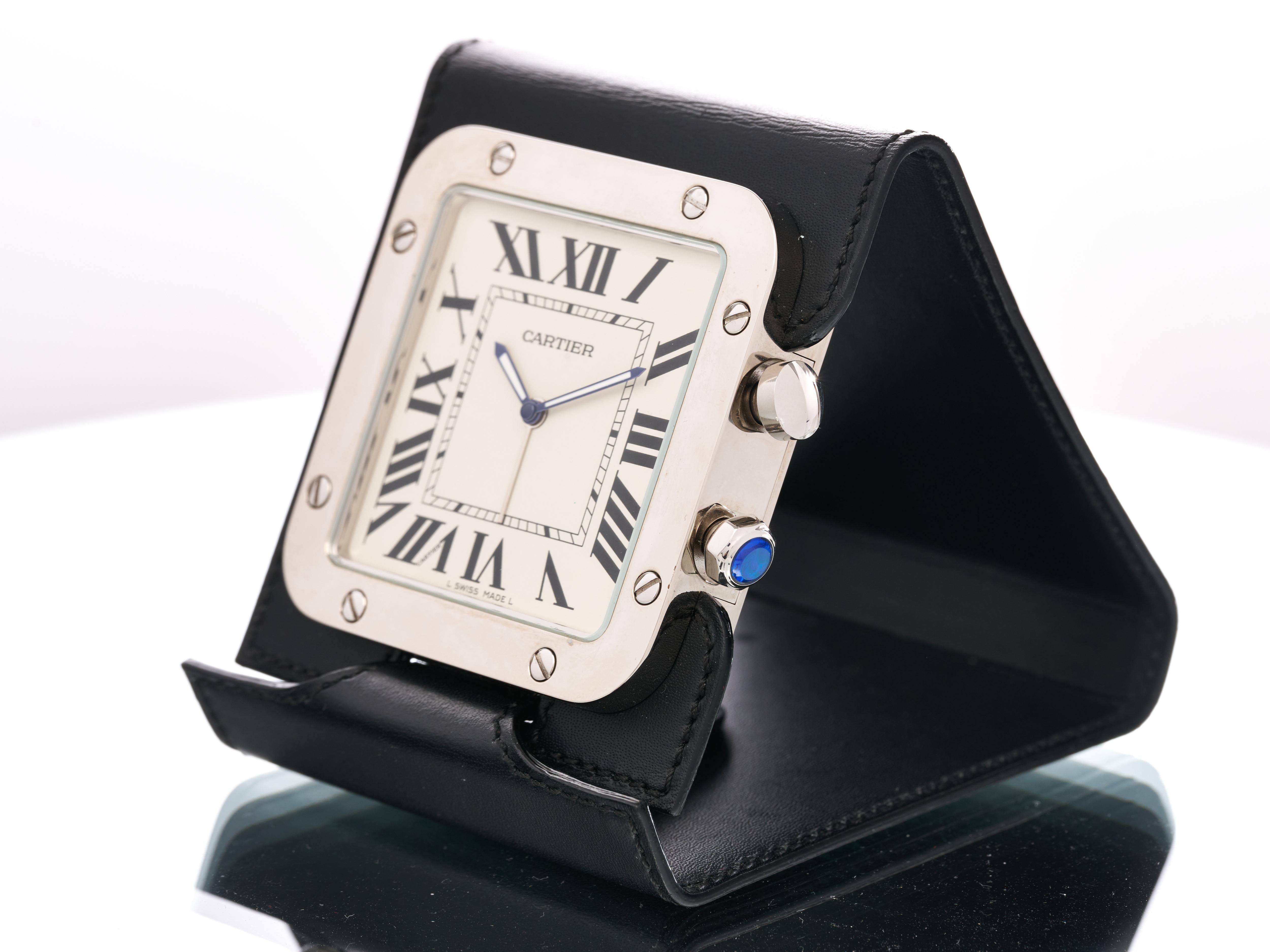Cartier Travel Clock Alarm Santos Leather Stainless Steel 2750 Boxed For Sale 4