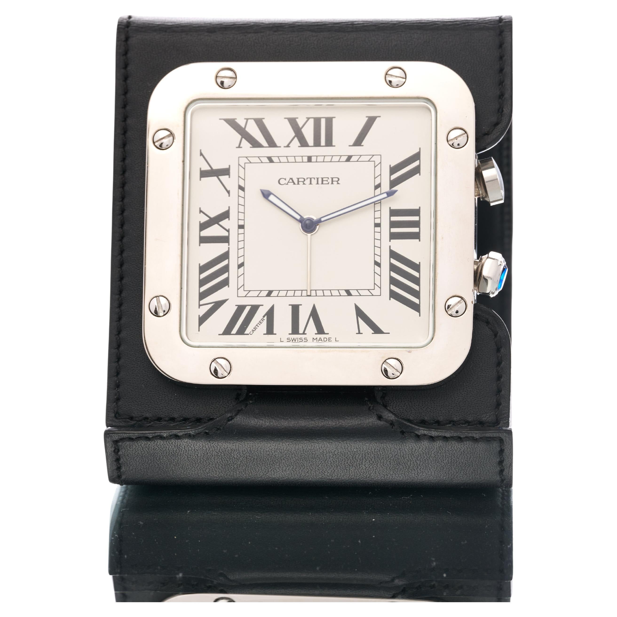 Cartier Travel Clock Alarm Santos Leather Stainless Steel 2750 Boxed