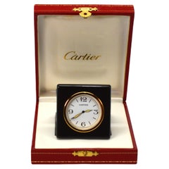 Cartier Travel Clock in Black Leather Case w Red Box