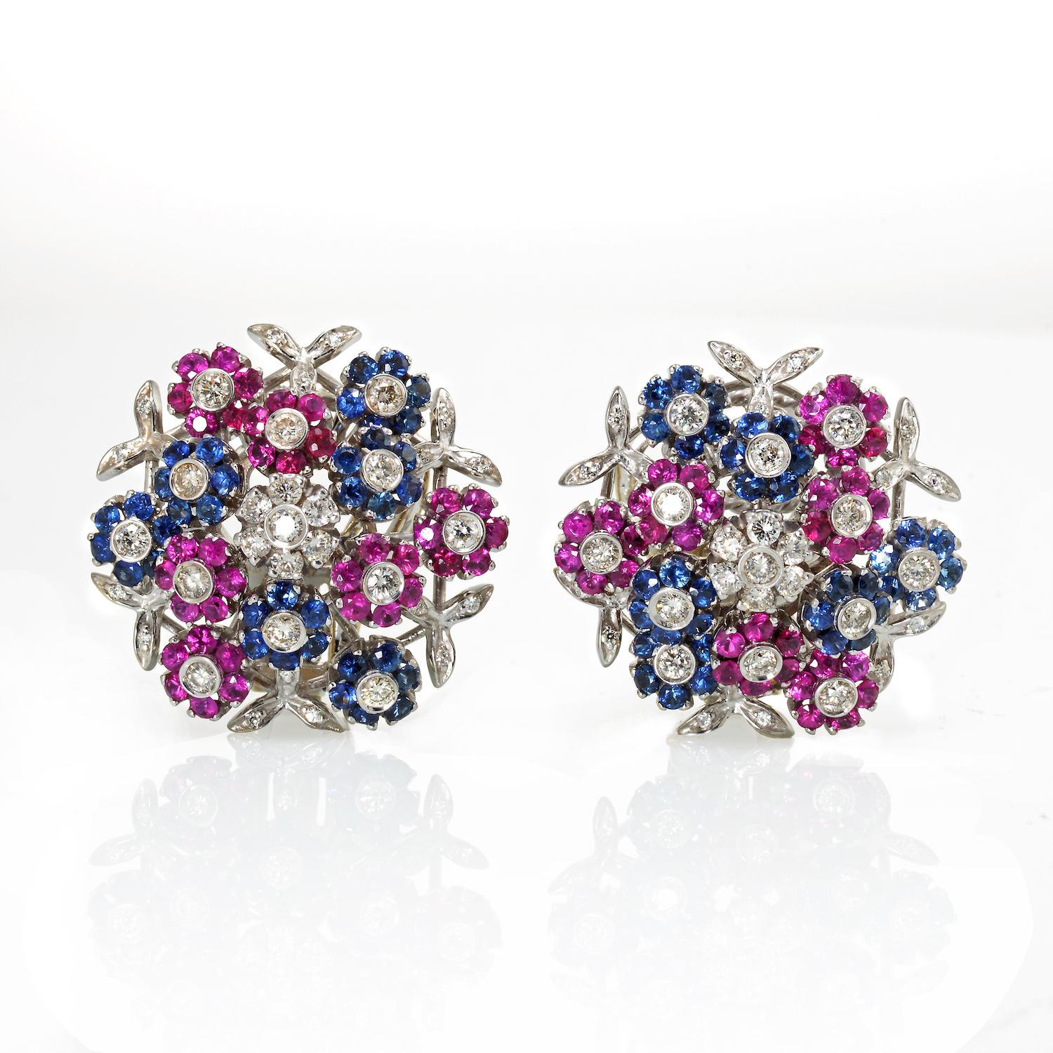 Modern Cartier Tremblant 18K White Gold Diamond, Sapphire and Ruby Clip-On Earrings For Sale
