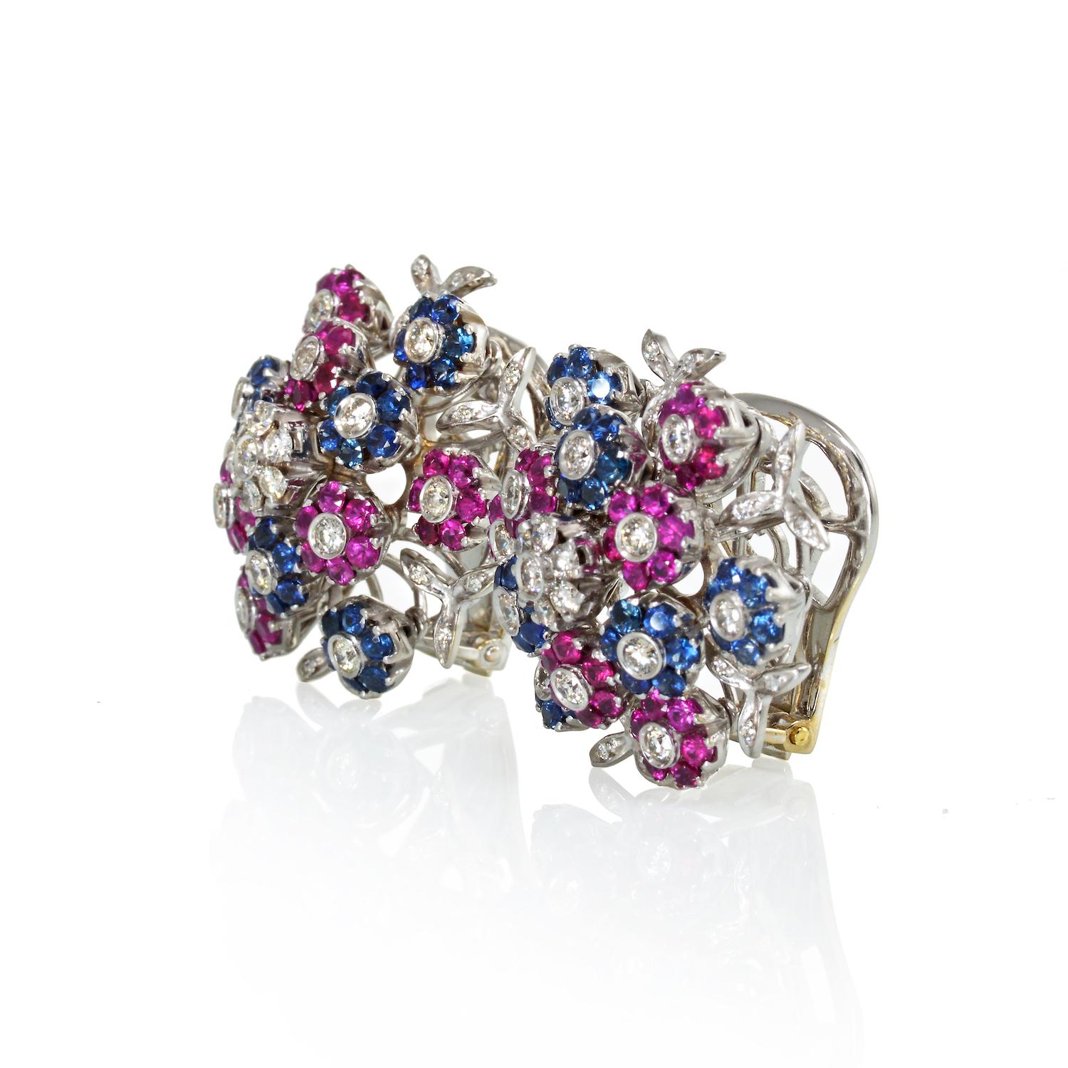Round Cut Cartier Tremblant 18K White Gold Diamond, Sapphire and Ruby Clip-On Earrings For Sale