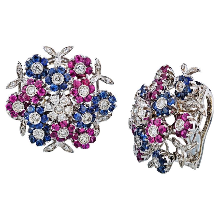 Cartier Tremblant 18K White Gold Diamond, Sapphire and Ruby Clip-On Earrings For Sale