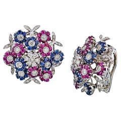 Cartier Tremblant 18K White Gold Diamond, Sapphire and Ruby Clip-On Earrings