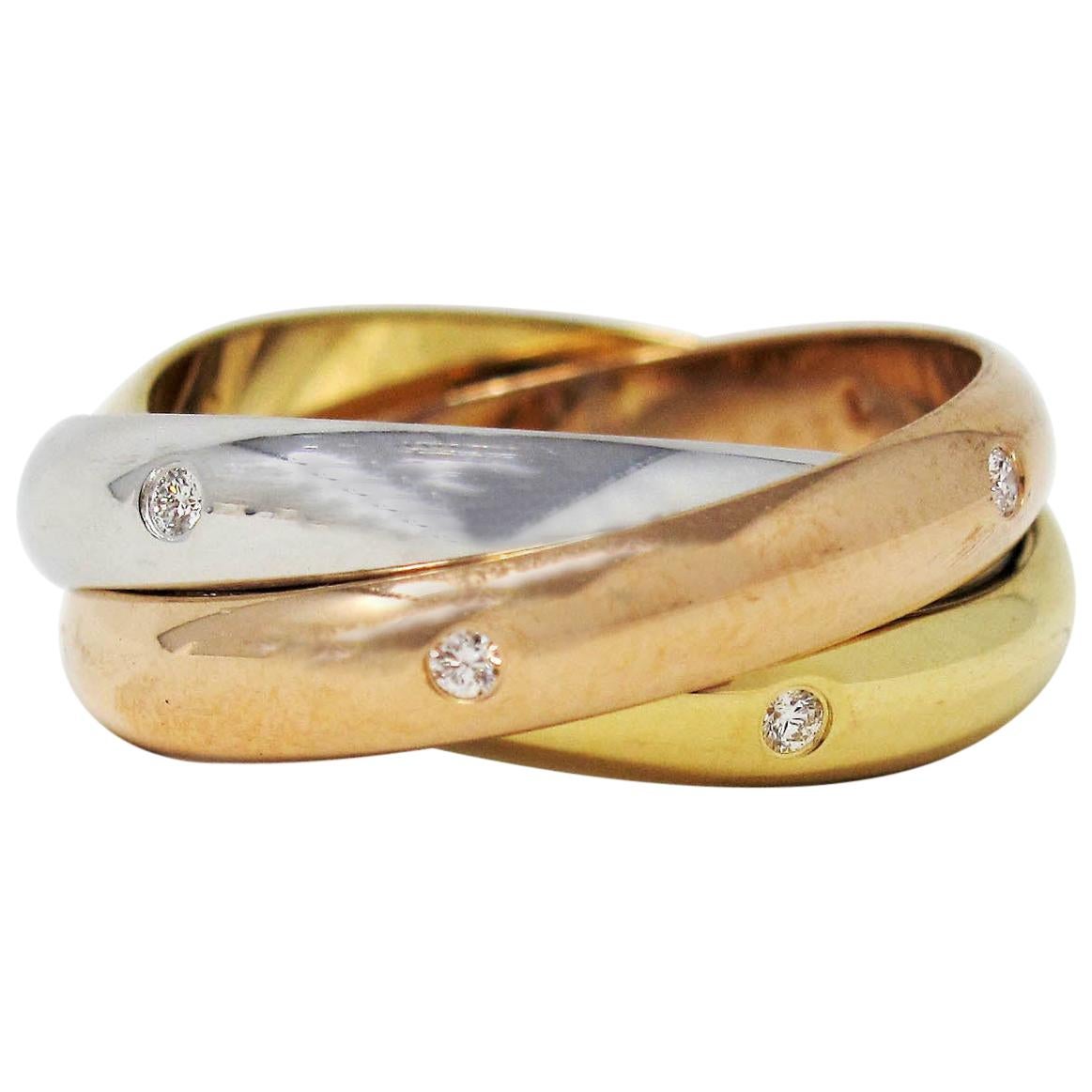 Cartier Tri Color 18 Karat Gold and .19 Carat Total Diamond Trinity Band Ring