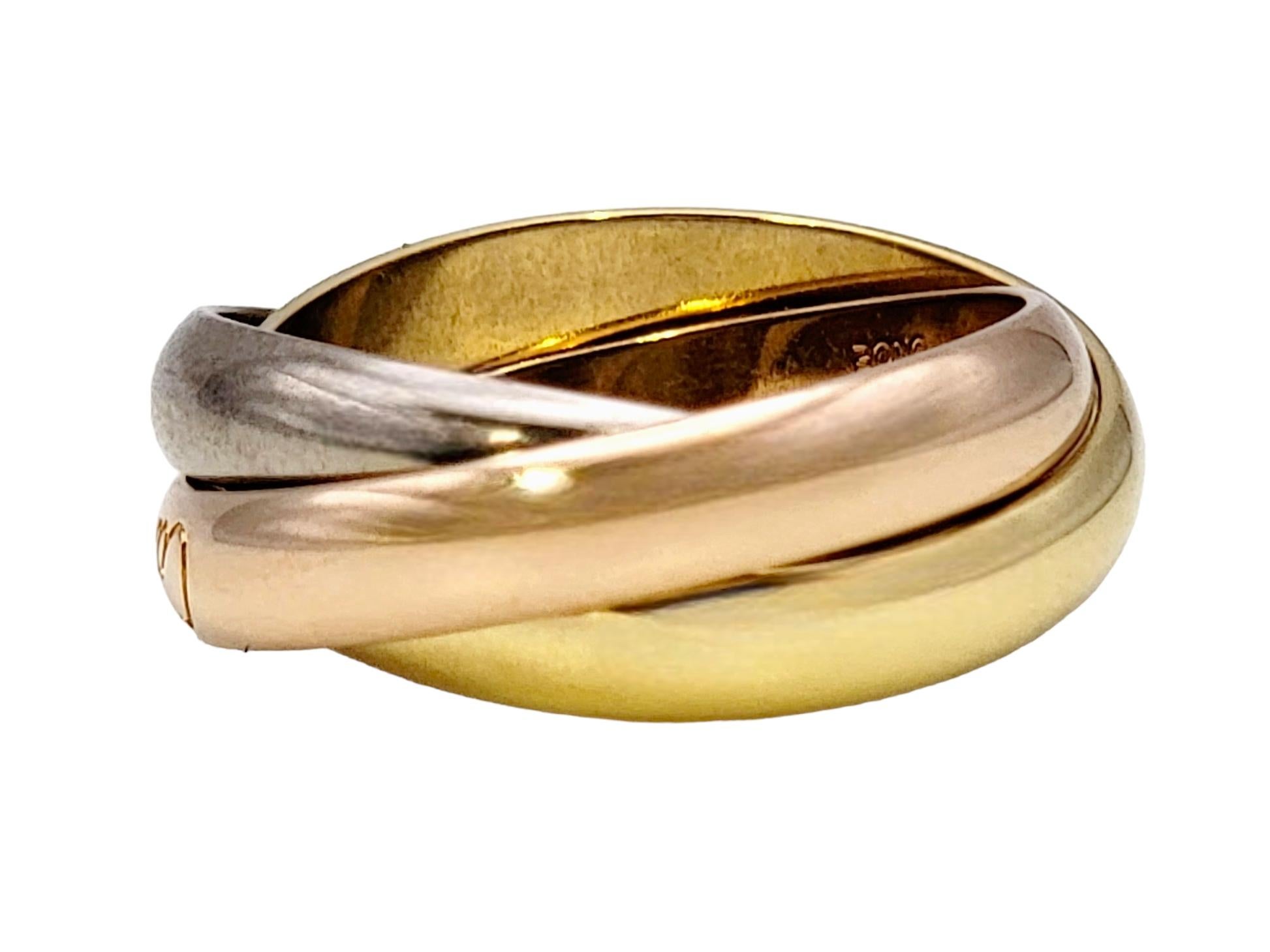 Contemporary Cartier Tri Color 18 Karat Yellow, Rose and White Gold Trinity Band Ring For Sale