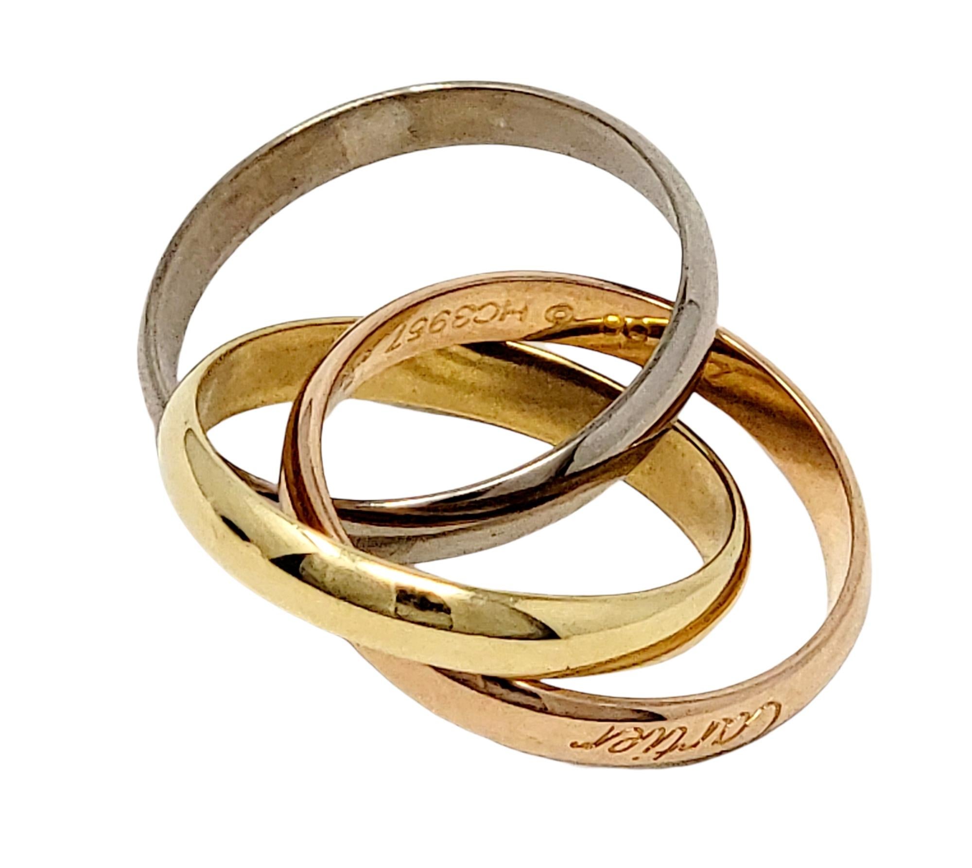 Women's or Men's Cartier Tri Color 18 Karat Yellow, Rose and White Gold Trinity Band Ring