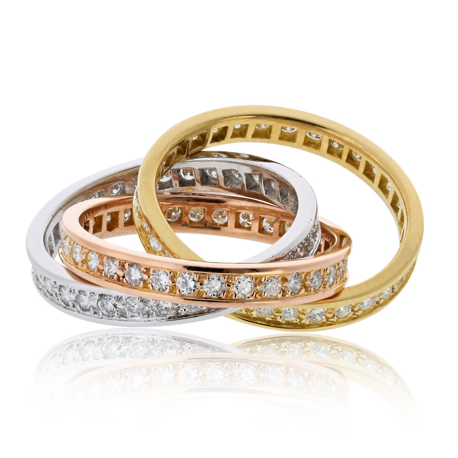 Moderne Cartier Tri Color 18K Diamond Trinity Roller Ring en vente