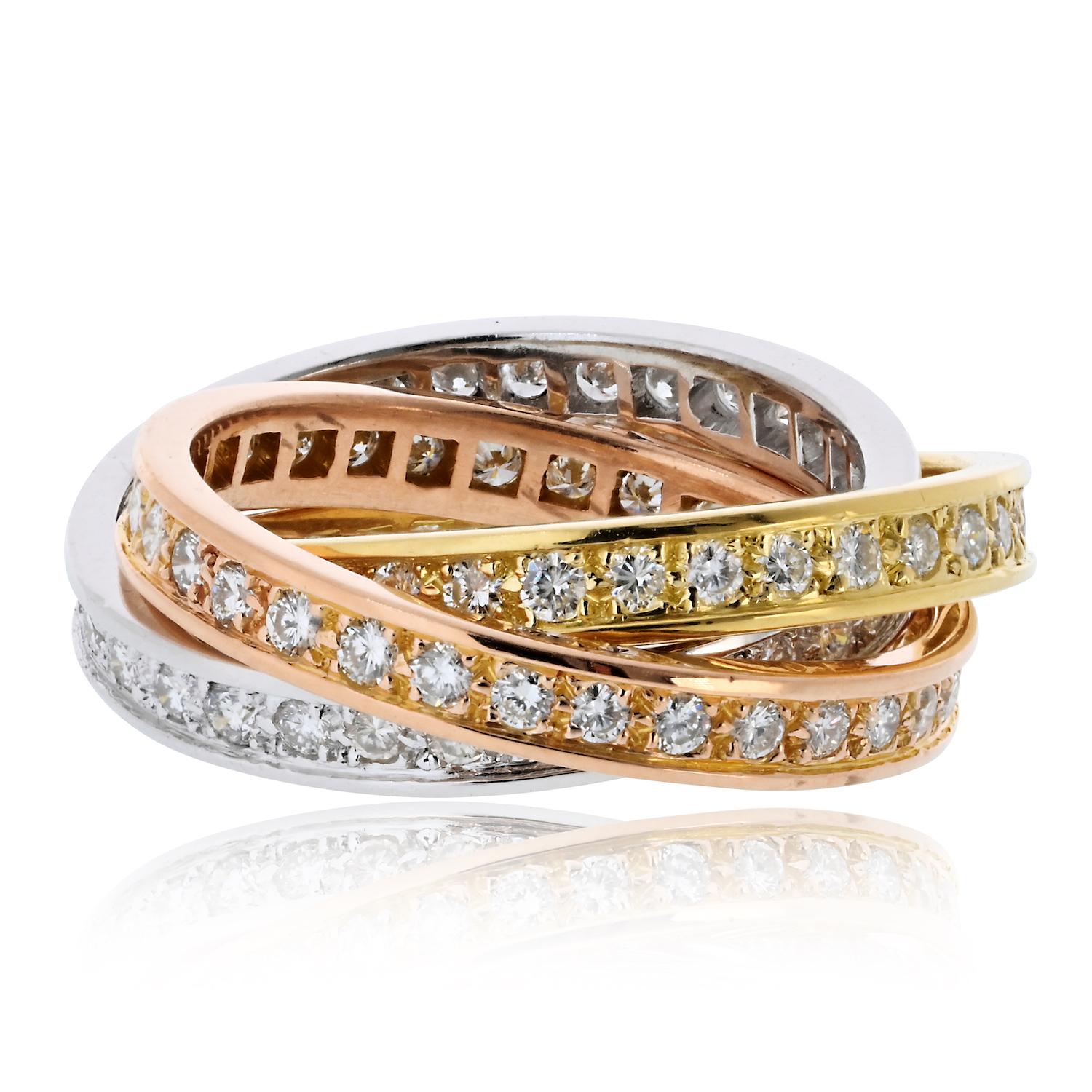 Cartier Tri Color 18K Diamond Trinity Roller Ring Excellent état - En vente à New York, NY