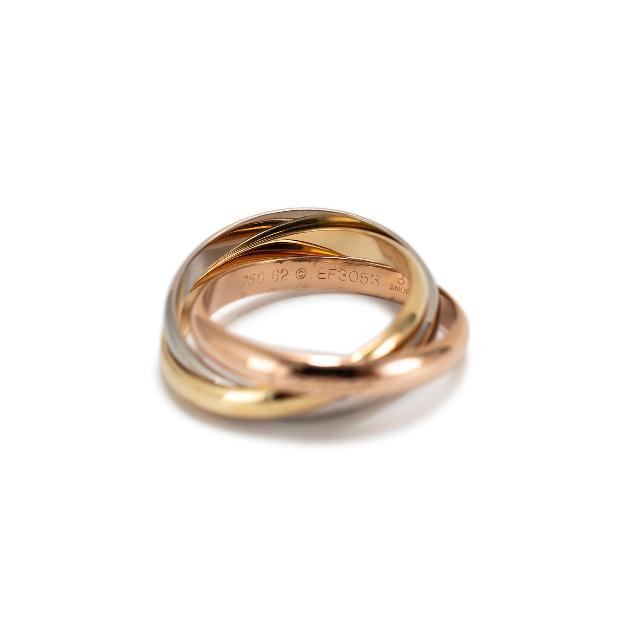 Cartier Tri Color 18K Yellow White & Rose Trinity Band Ring In Excellent Condition In Houston, TX