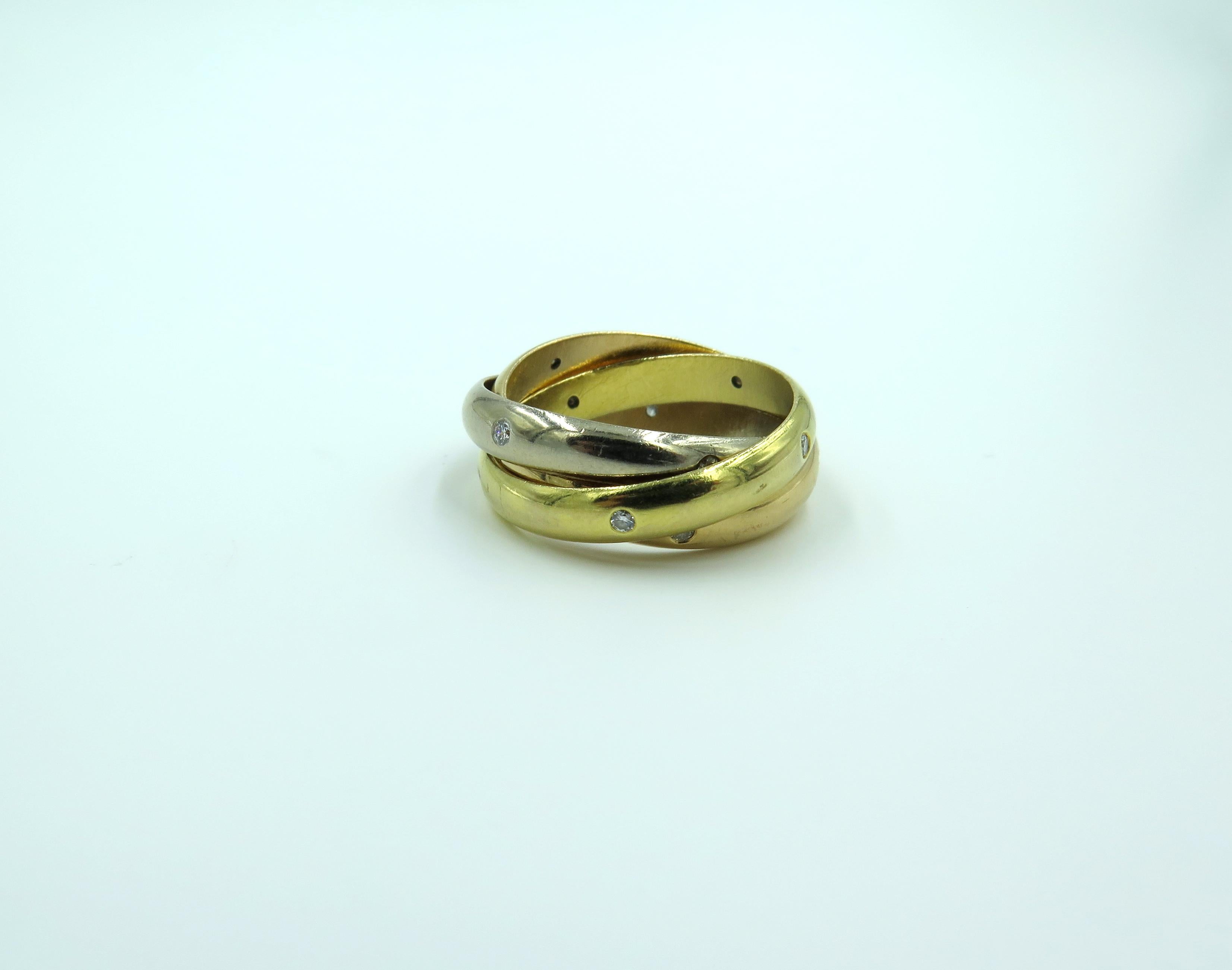 Women's or Men's Cartier Tri Color Gold and Diamond Trinity Ring