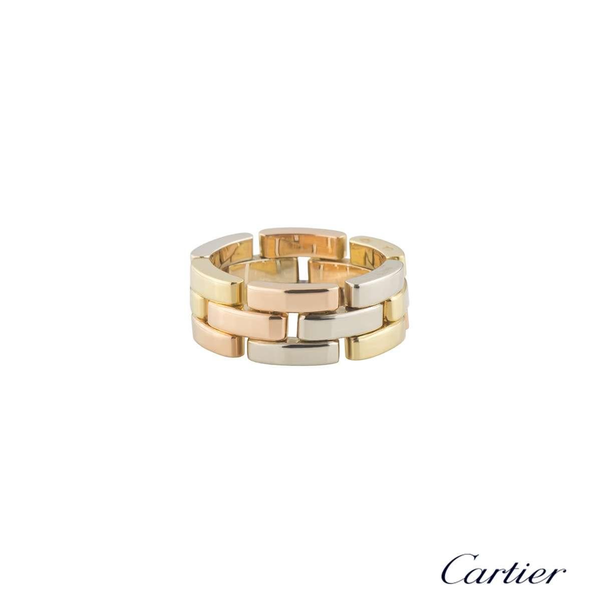 A stunning 18k yellow, white and rose gold Cartier Maillon Panthere ring from the Links and Chains collection. The ring comprises of 18 open brick work design panels. The ring is 8mm in width and is a size UK N½, EU 54 and US 6 3⁄4 with a gross