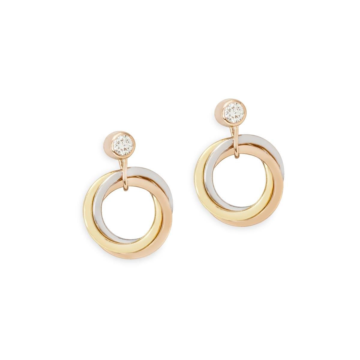 Round Cut Cartier Tri-Gold Trinity Diamond Earrings 0.11ct B8301462 For Sale