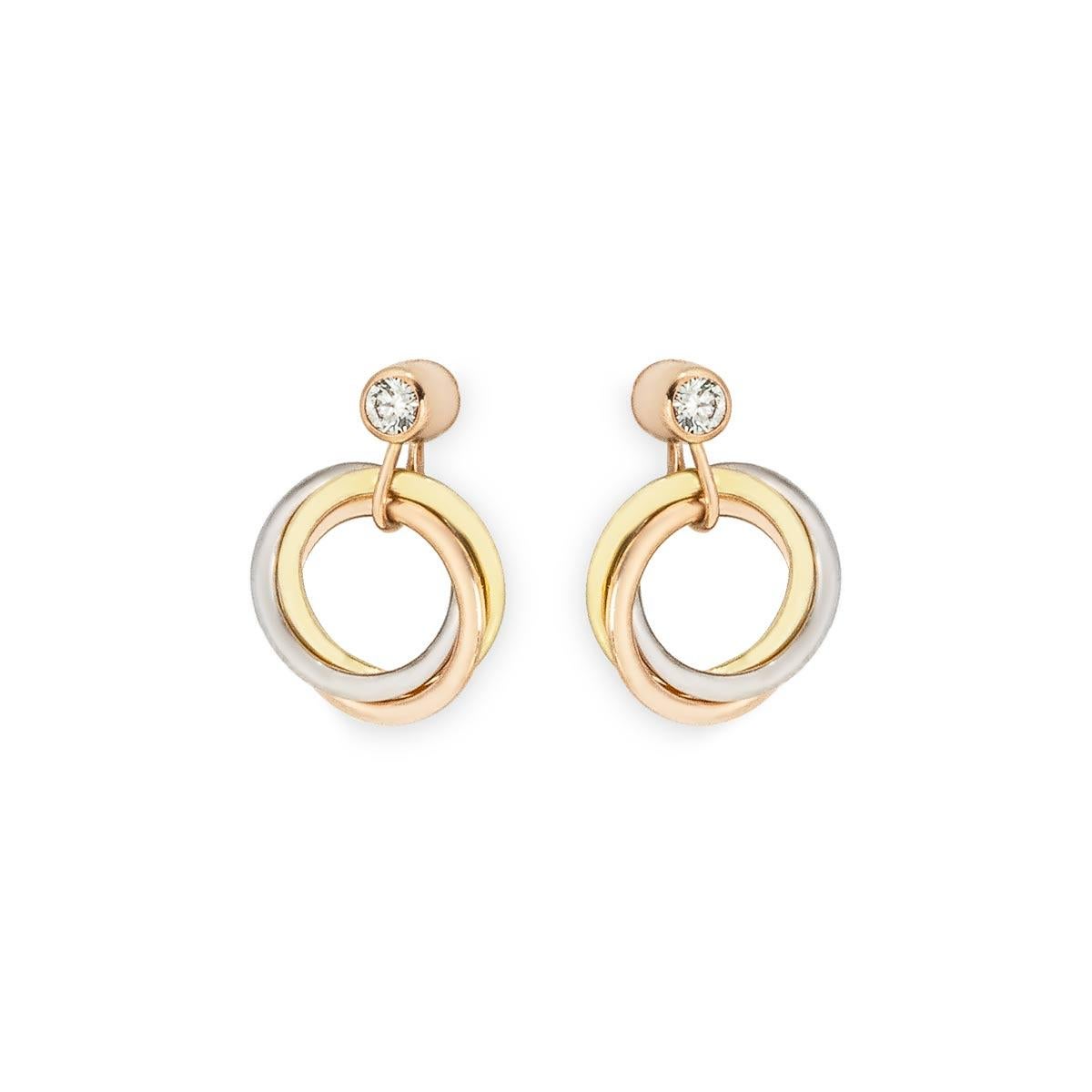Cartier Tri-Gold Trinity Diamond Earrings 0.11ct B8301462 In Excellent Condition For Sale In London, GB
